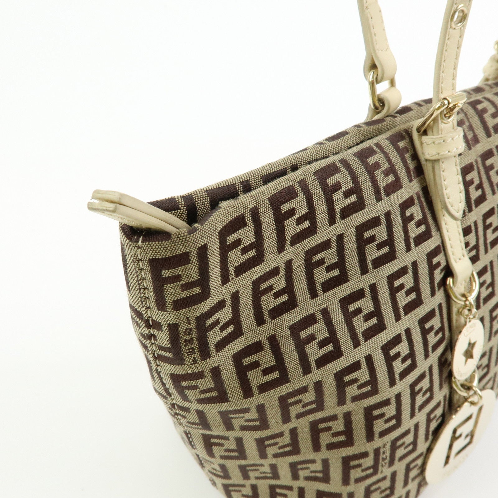 FENDI Zucchino Canvas Leather Tote Bag Hand Bag Brown Ivory 8BH214