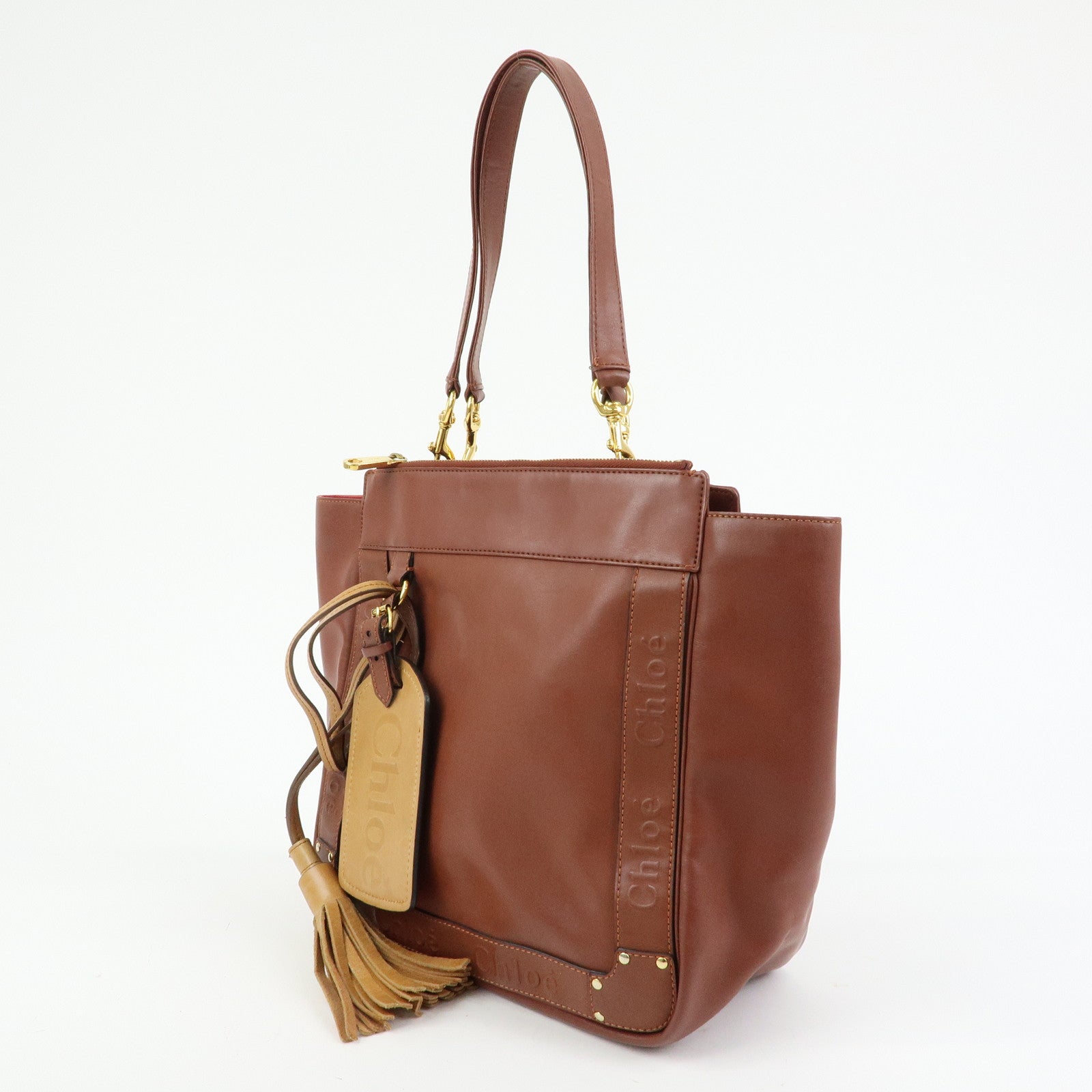 Chloe Eden Leather Tote Bag Shoulder Bag Tassel Charm Brown