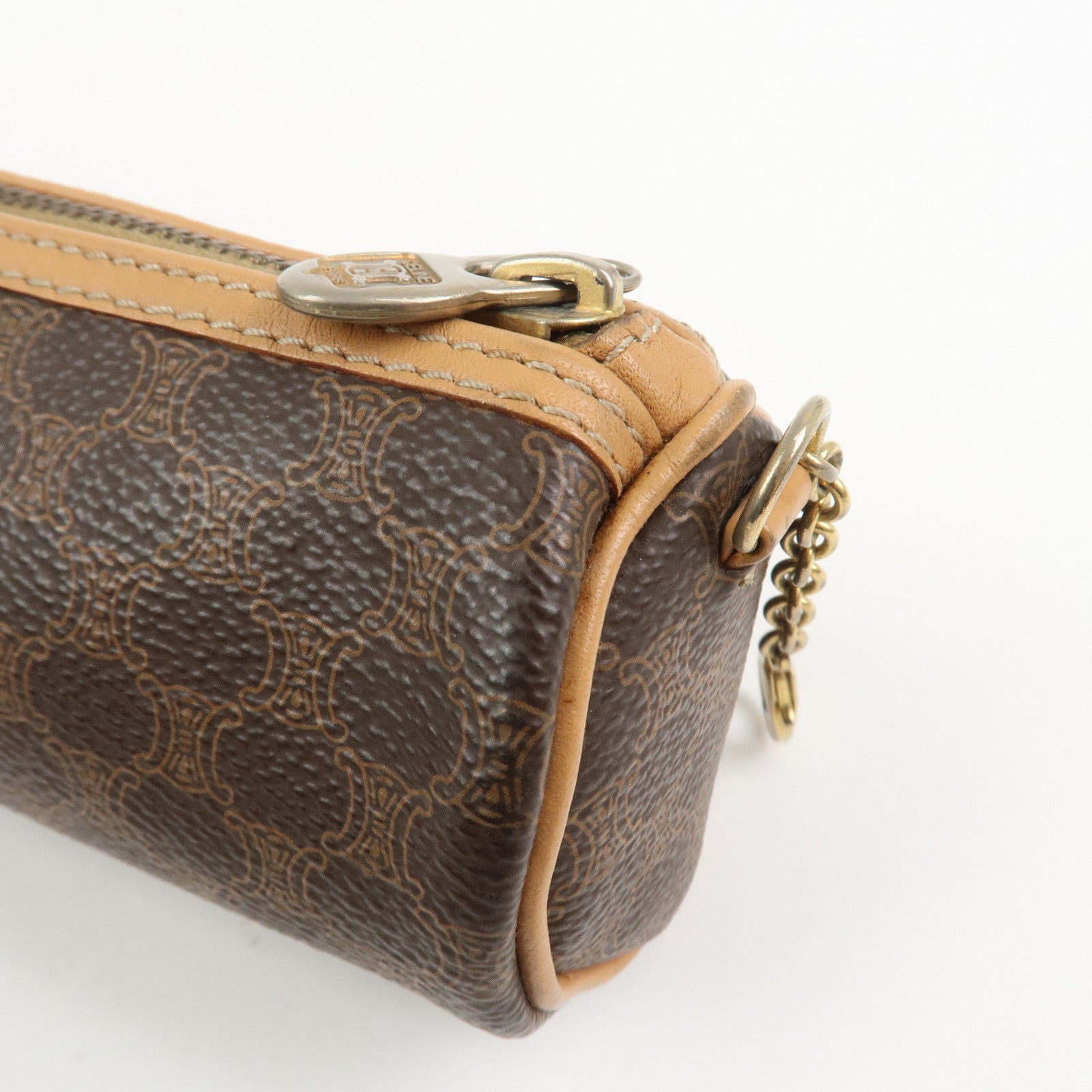 CELINE Macadam PVC Canvas Leather Cosmetic Makeup Pouch Brown