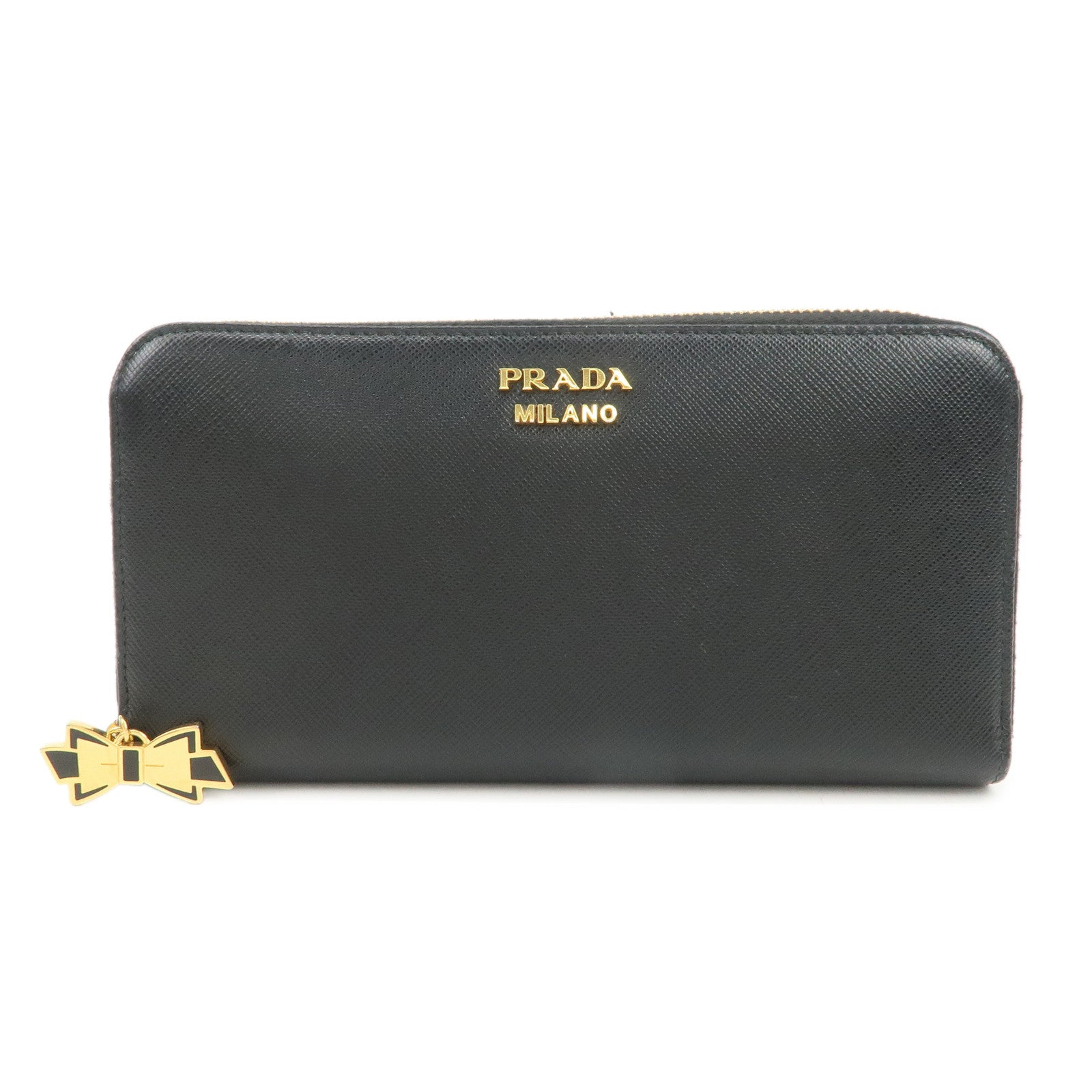 PRADA Logo Saffiano Leather Round Zippy Long Wallet Black