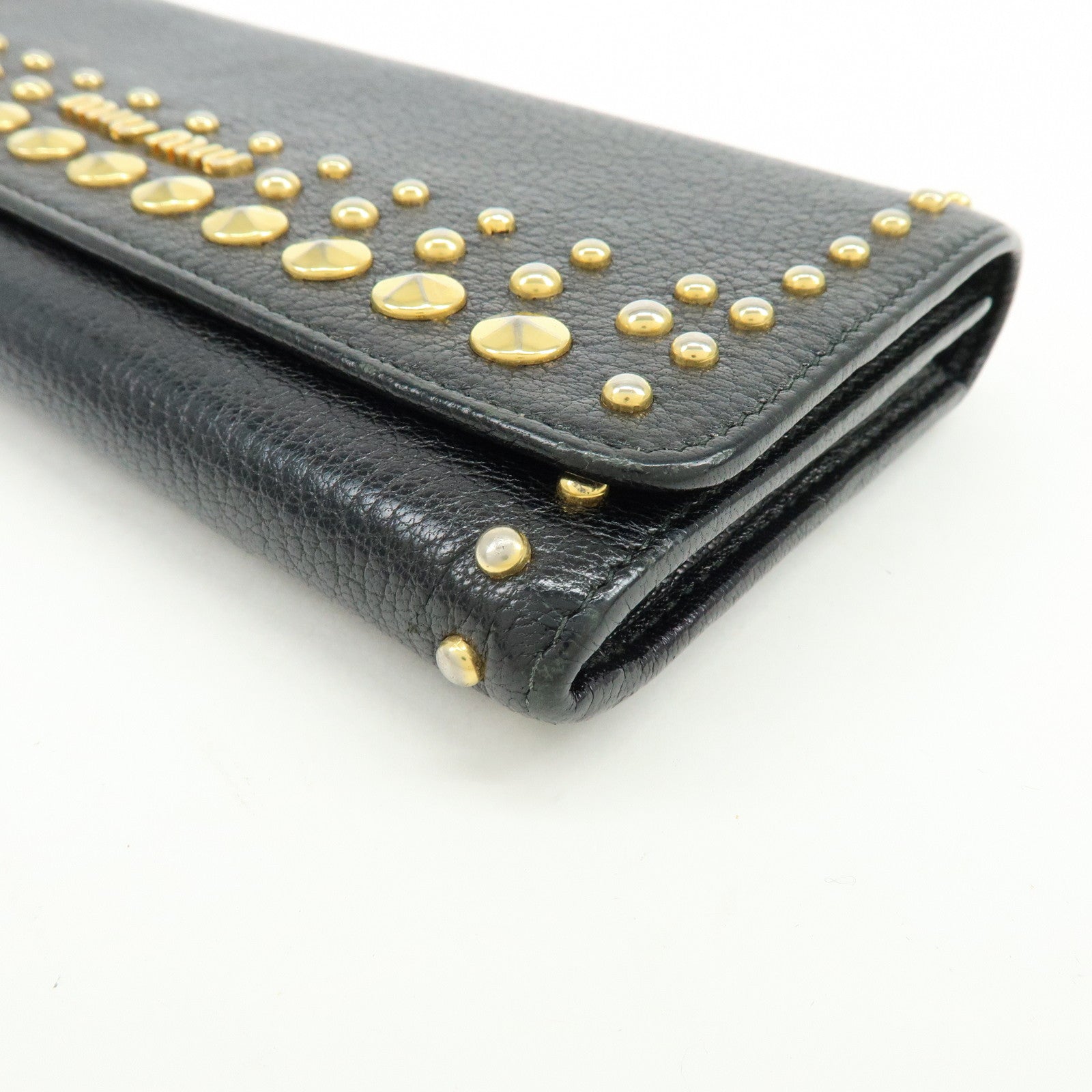 MIU MIU Logo Leather Studs Flap Long Wallet Black 5M1109