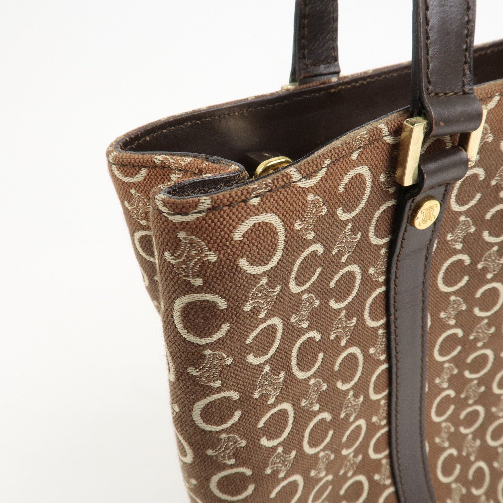 CELINE C Macadam Canvas Leather Hand Bag Brown Beige