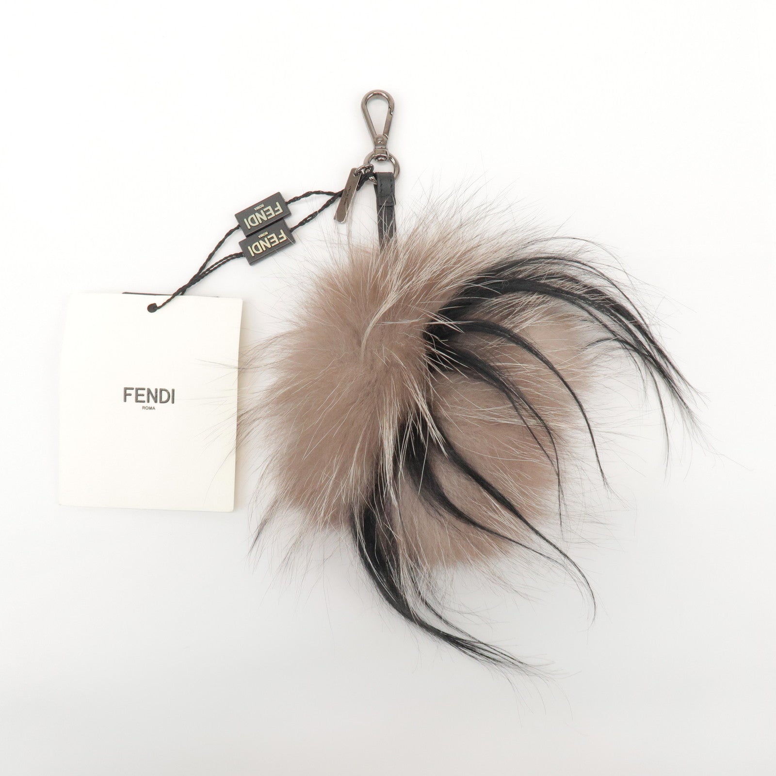 FENDI Fur Leather Monster Bag Charm Key Chain Black Greige