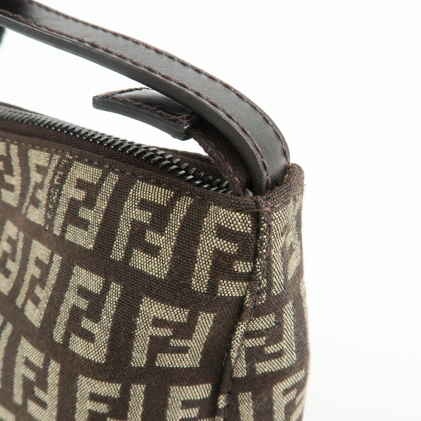 FENDI Zucchino Canvas Leather Hand Bag Pouch Brown 8N0005