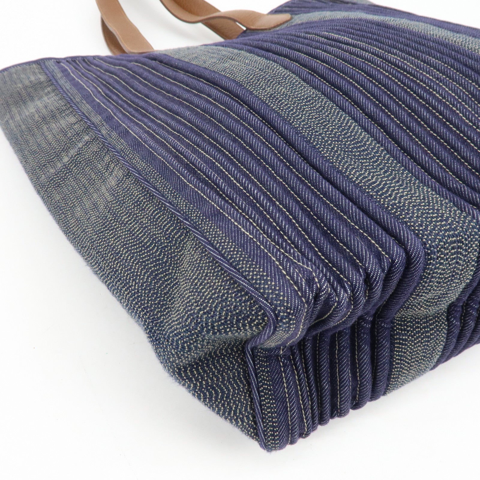 HERMES Calicut Canvas Leather Tote Bag L Stamped Navy Brown