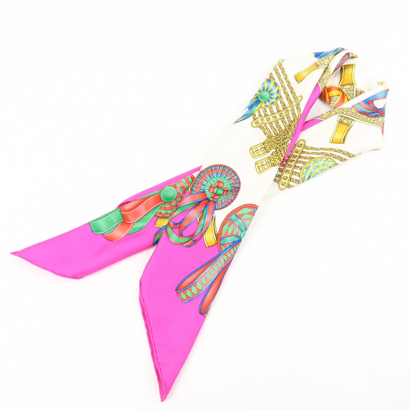HERMES Carre 90 Silk 100% Scarf LES RUBANS DU CHEVAL Pink White