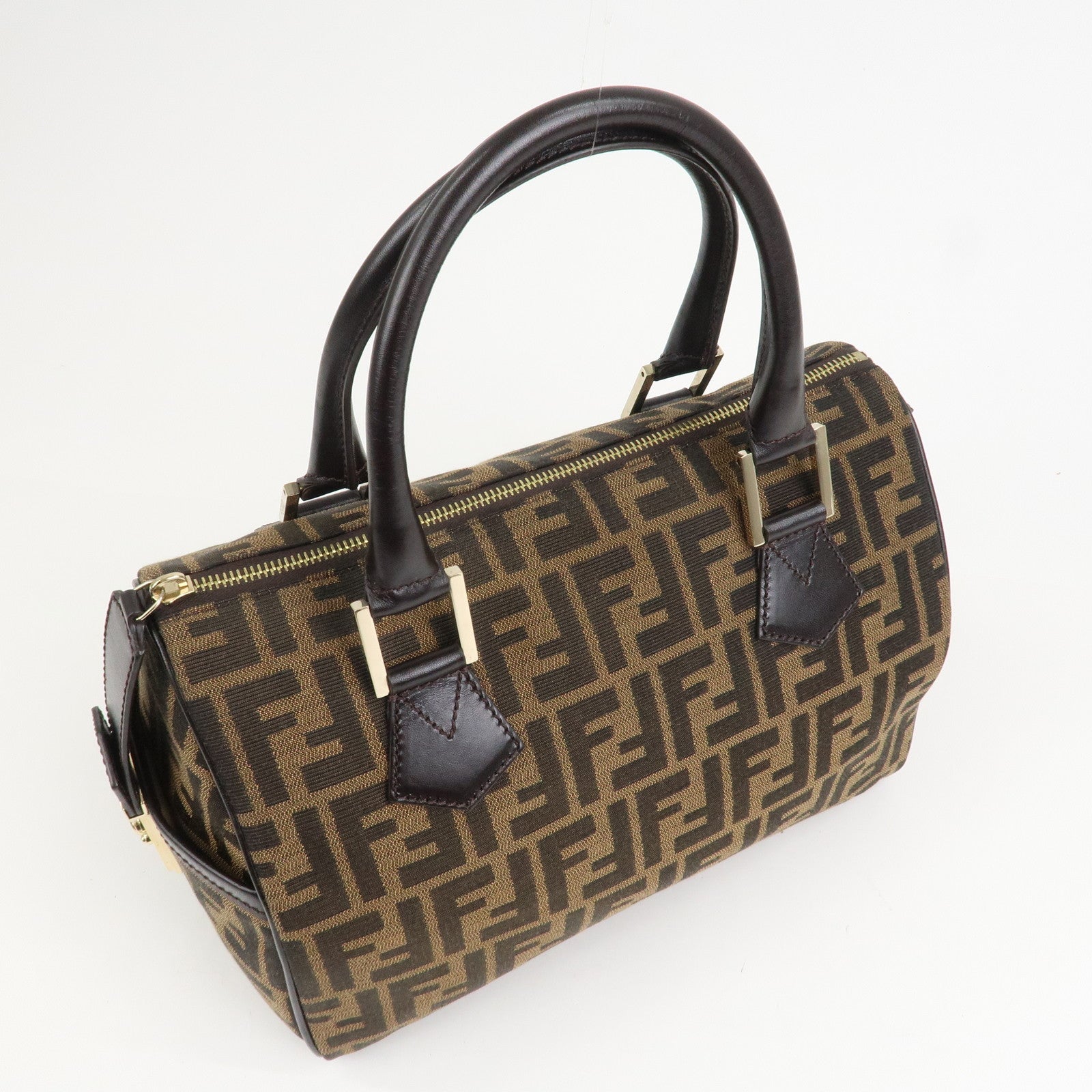 FENDI Zucca Canvas Leather Mini Boston Bag Black Brown 8BL104