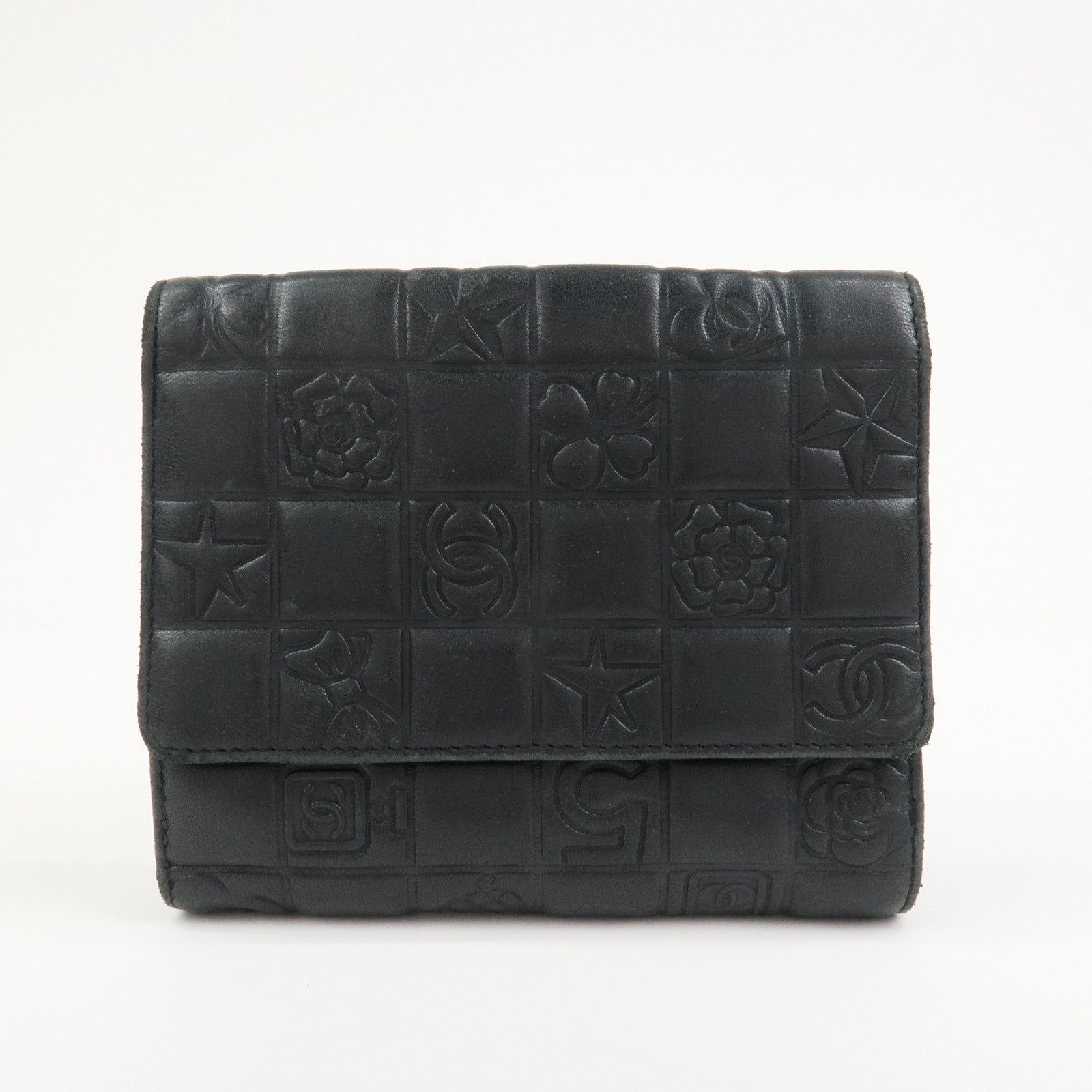 CHANEL Icon Line Lamb Skin W Flap Bi-fold Wallet Black A24212