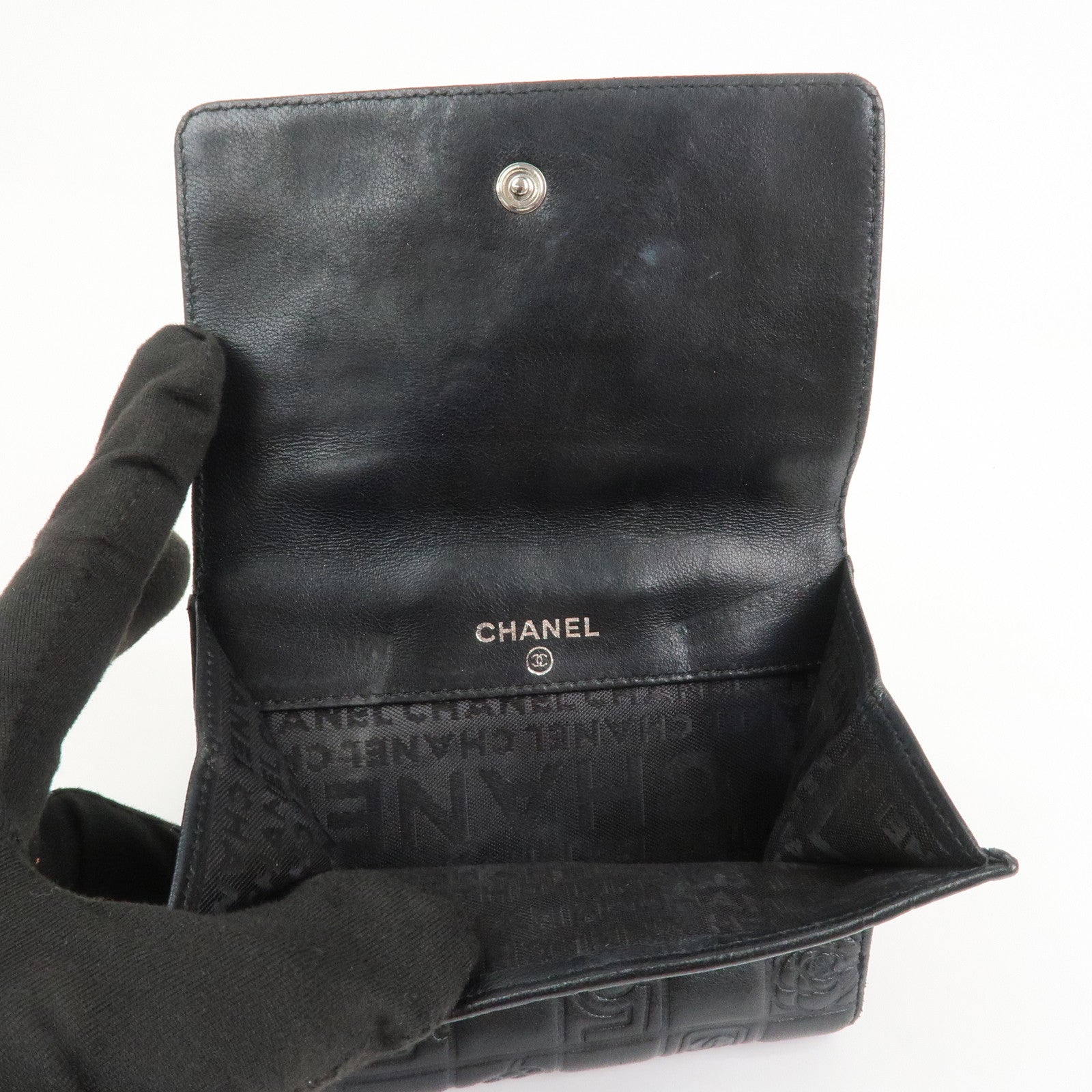 CHANEL Icon Line Lamb Skin W Flap Bi-fold Wallet Black A24212