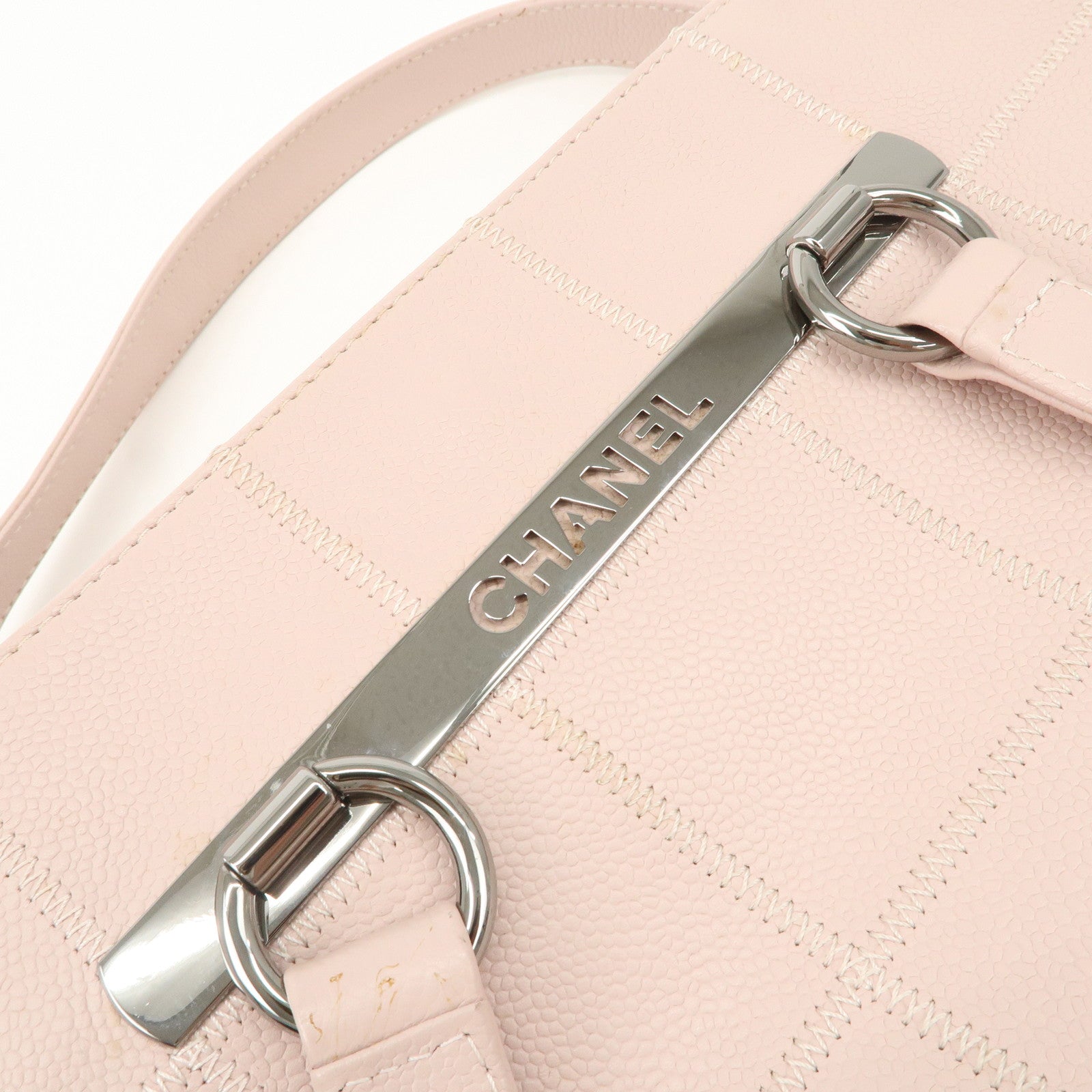 CHANEL Chocolate Bar Caviarskin Tote Bag Hand Bag Pink Silver Used