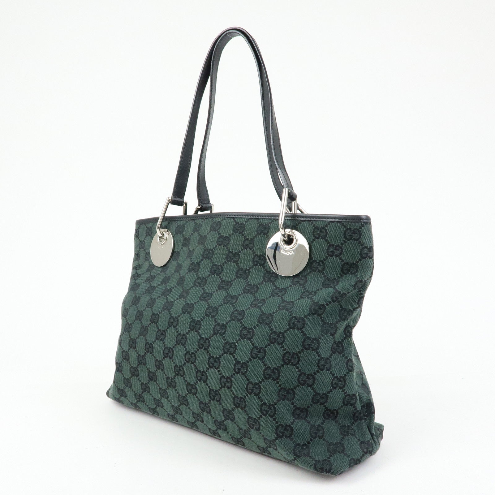 GUCCI GG Canvas Leather Tote Bag Hand Bag Green Black 285583
