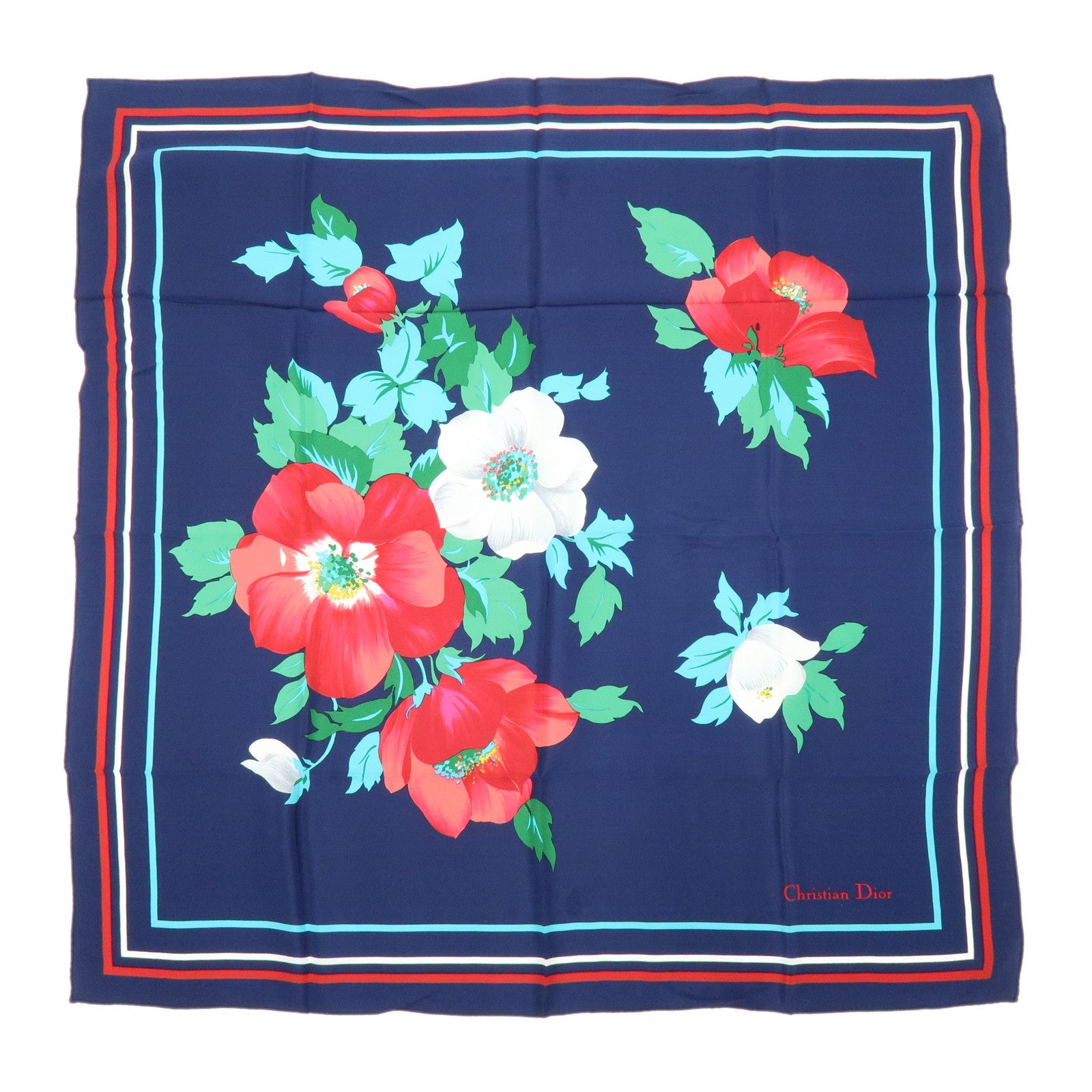 Christian Dior Silk 100% Scarf Flower Motif Navy Multicolor