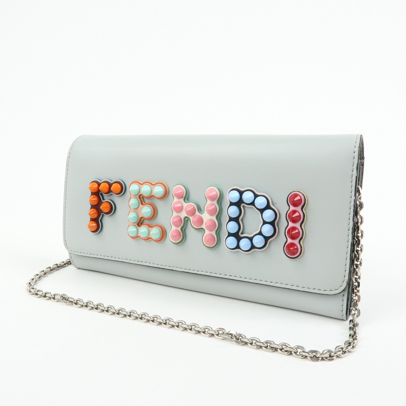 FENDI Leather Studs Chain Shoulder Wallet Long Wallet Gray 8M0365