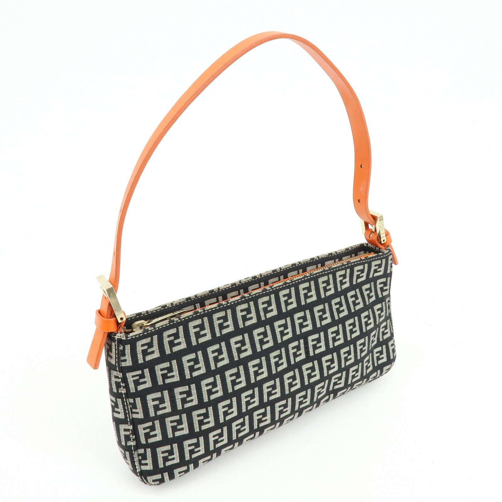 FENDI Zucchino Canvas Leather Shoulder Bag Black Orange 8BR042