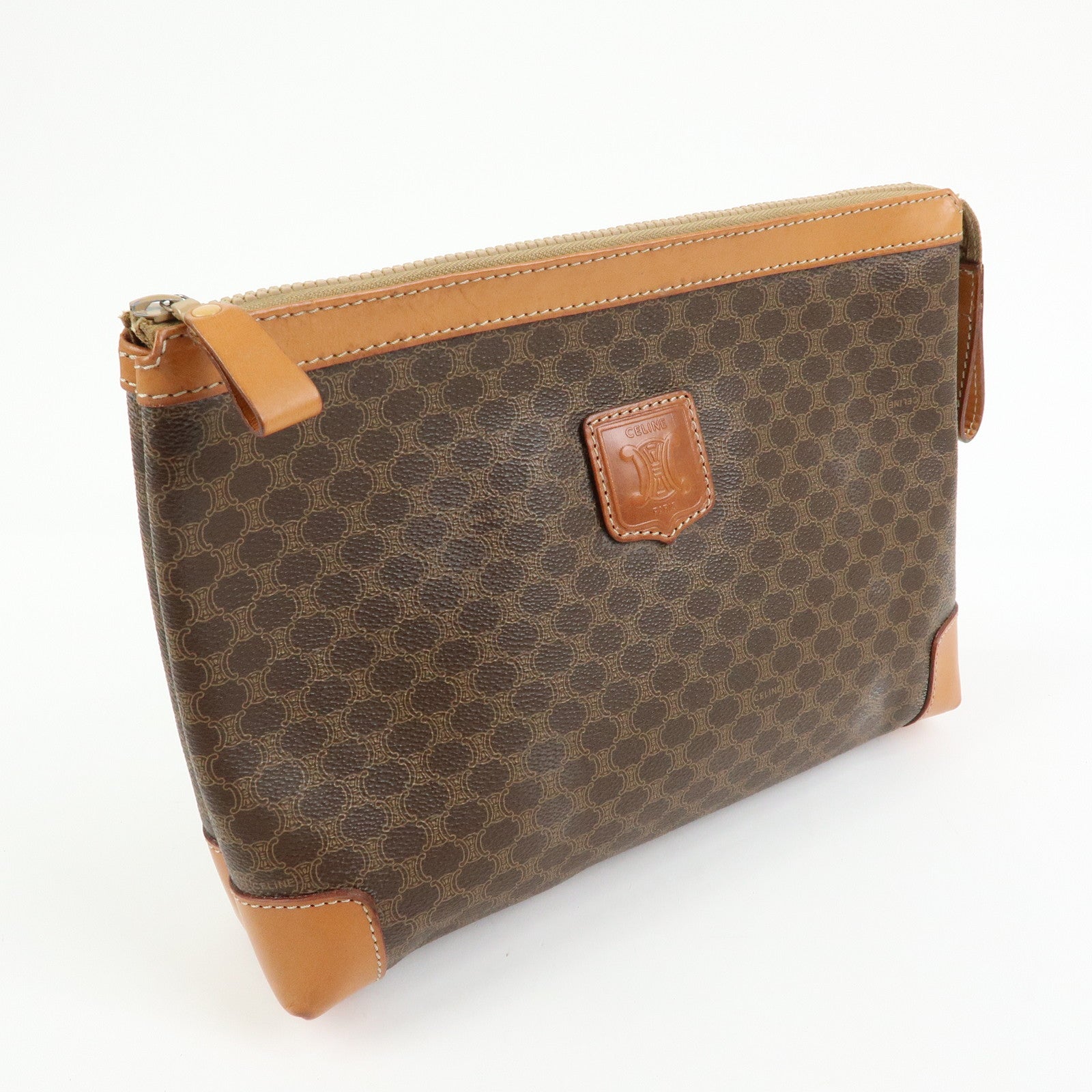 CELINE Macadam PVC Leather Clutch Bag Cosmetic Pouch Brown