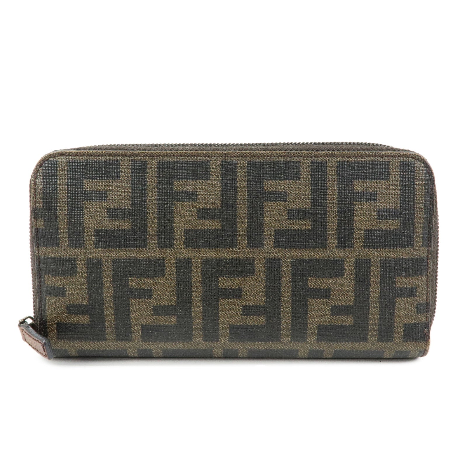 FENDI Zucchino Canvas Leather Round Zippy Long Wallet Brown 8M0024