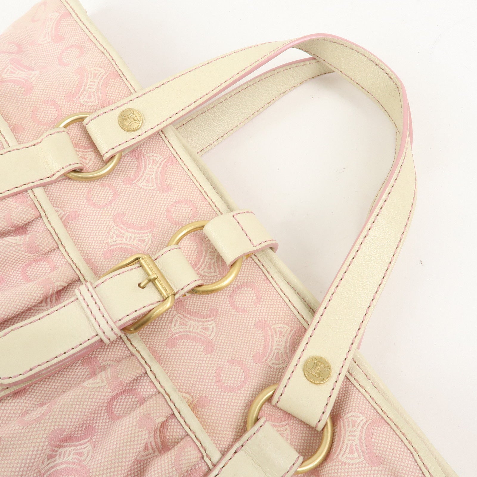 CELINE C Macadam Canvas Leather Tote Bag Shoulder Bag Pink Ivory
