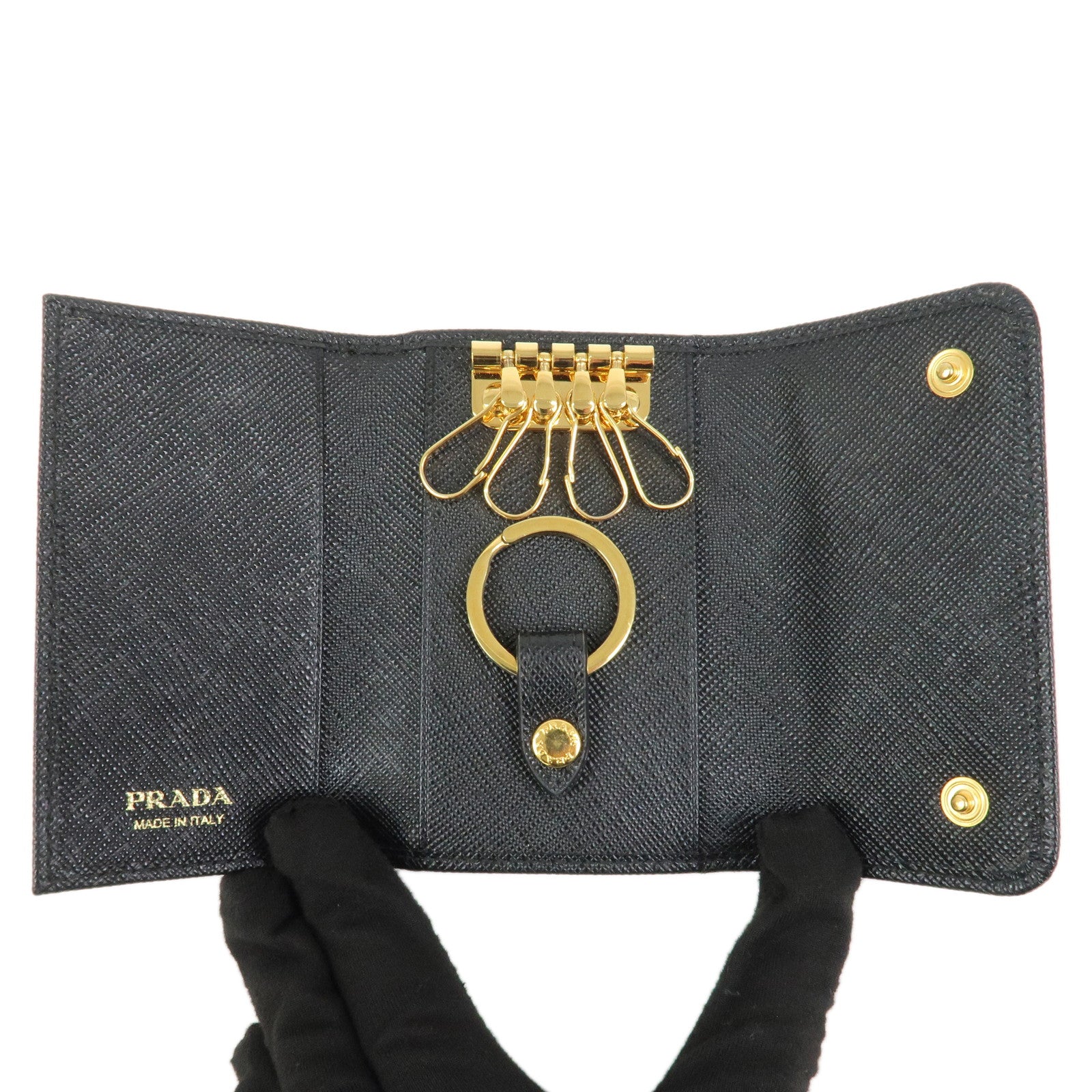 PRADA Saffiano Leather 4 Ring Key Case Key Chain Black