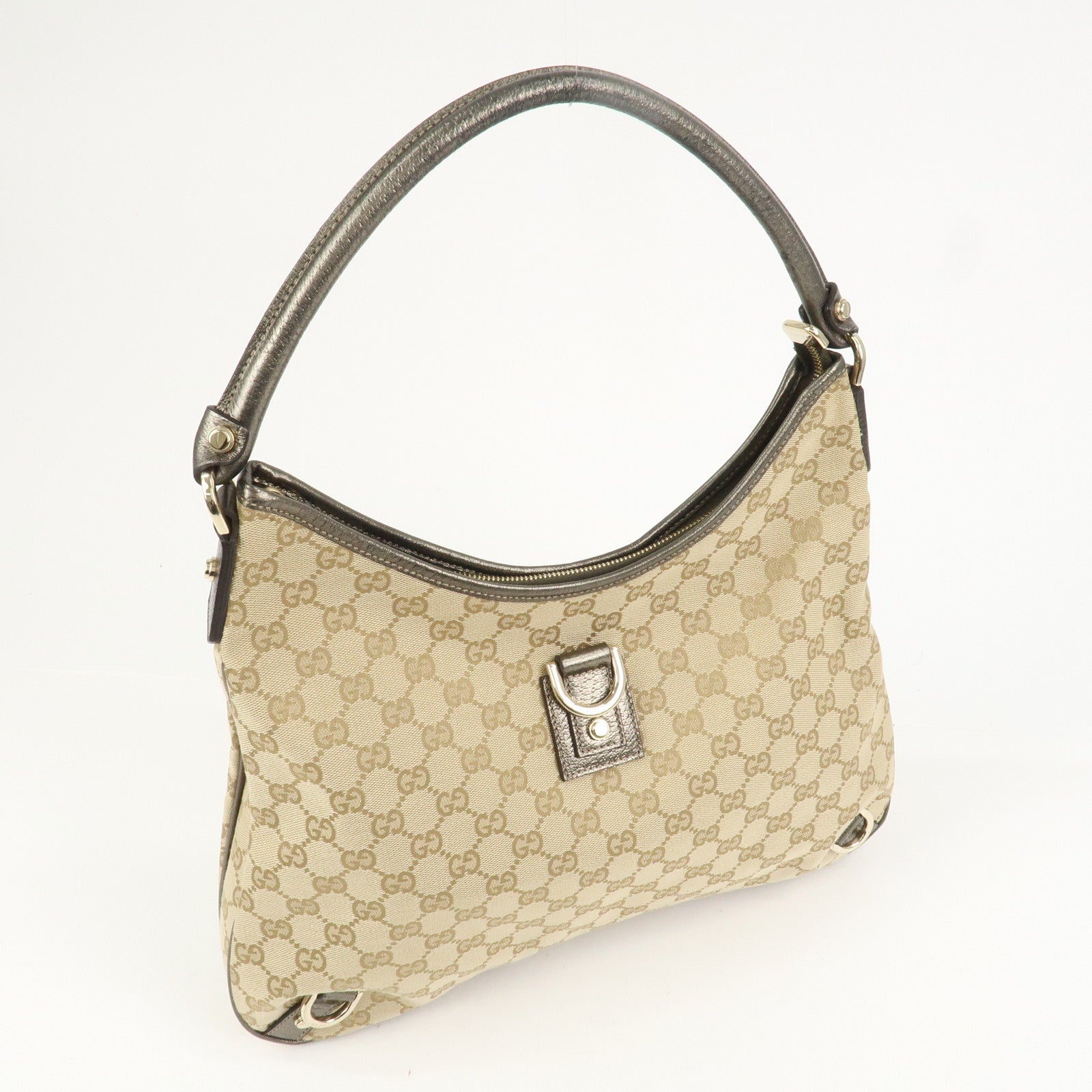 GUCCI Abbey Canvas Leather Shoulder Bag Beige Silver Gray 130737