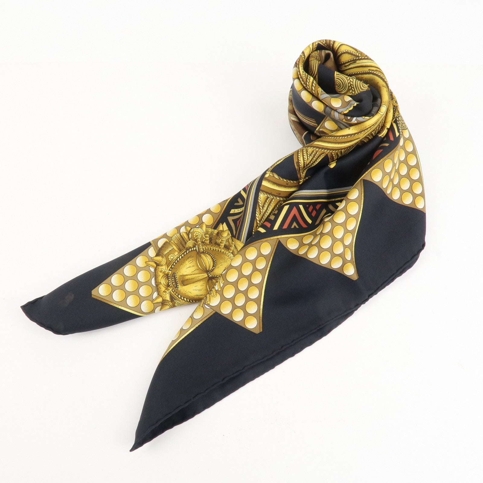 HERMES Carre 90 Silk 100% Scarf L'OR DES CHEFS Gold Black Used