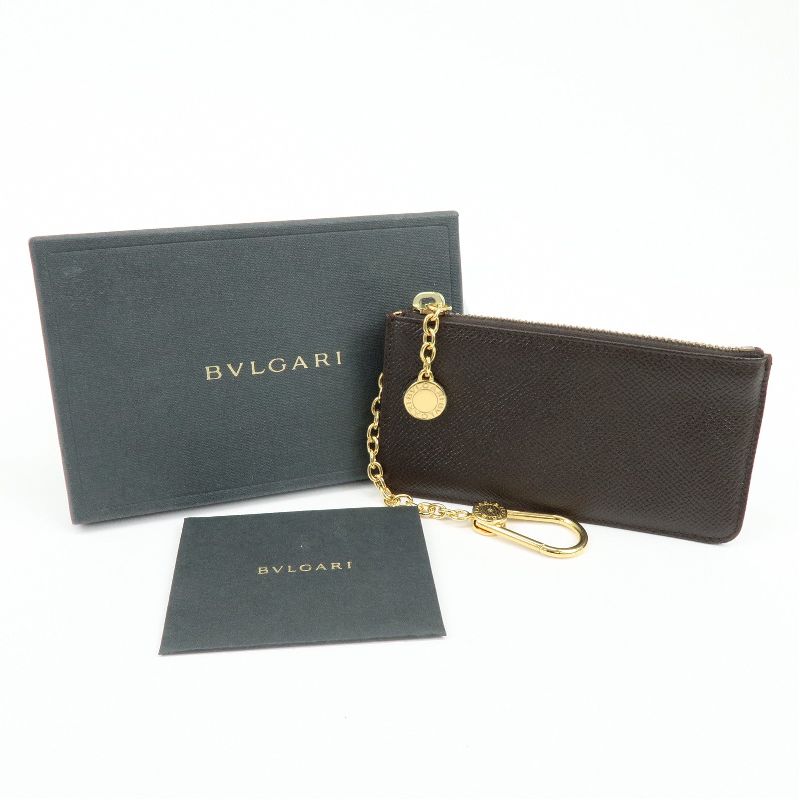 BVLGARI Leather Coin Case Coin Purse Key Chain Dark Brown