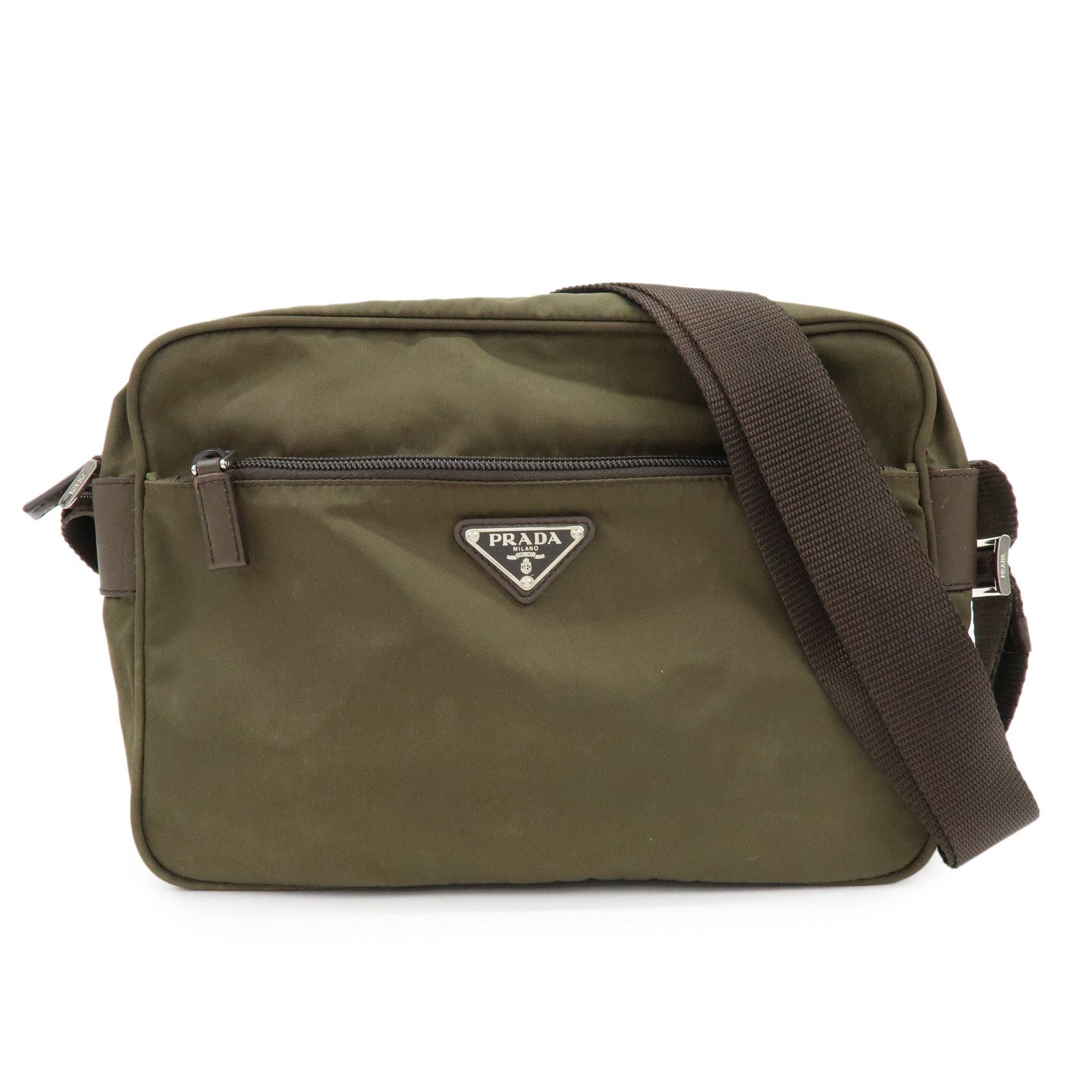 PRADA Triangle Logo Nylon Shoulder Crossbody Bag Khaki Brown BT0166