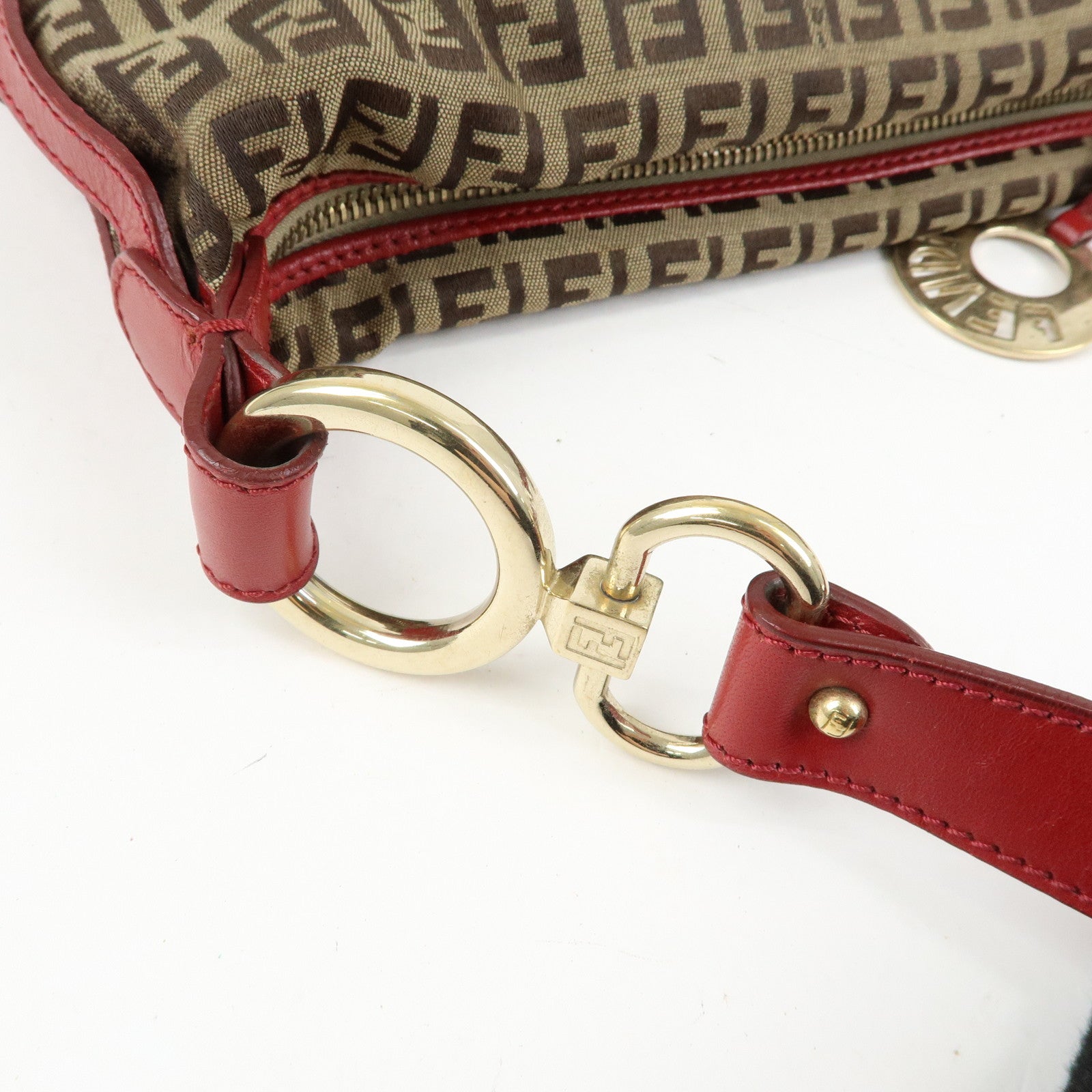 FENDI Zucca Canvas Leather Hand Bag Shoulder Bag Beige Red 8BR464