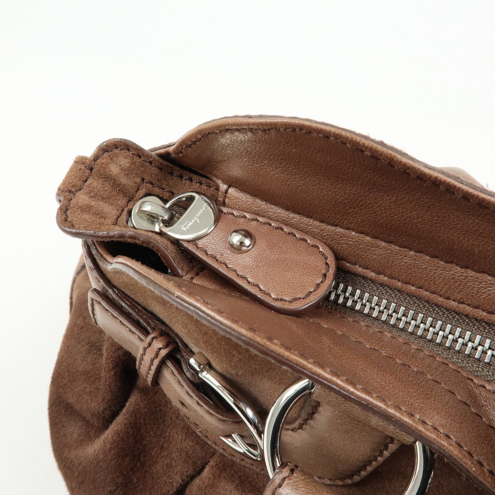 Ferragamo Gancini Suede Leather Shoulder Bag Hand Bag Brown