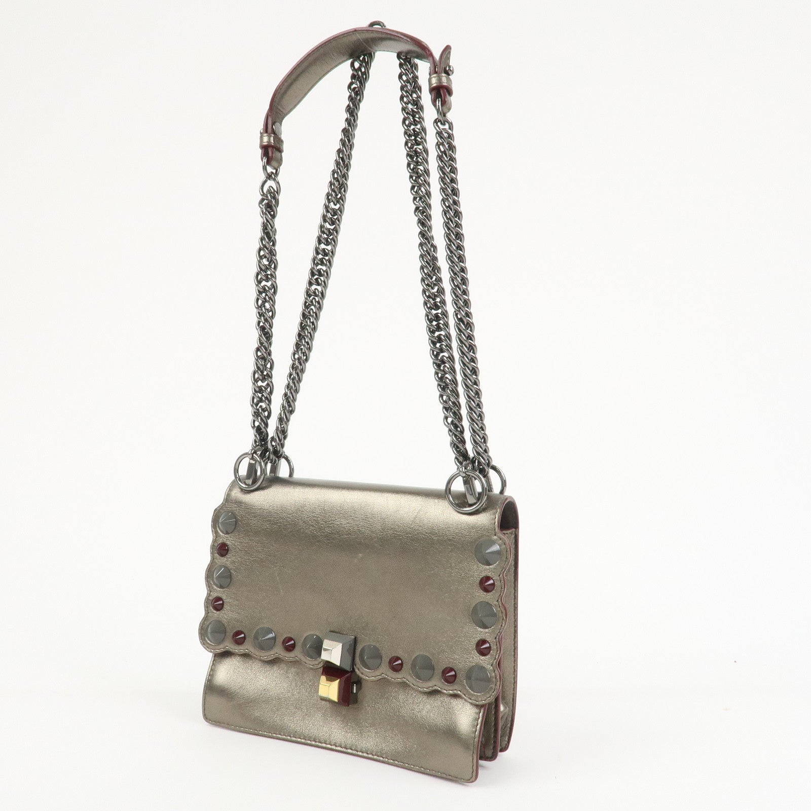FENDI Mini Kan I Leather Chain Shoulder Bag Metallic Gray 8M0381