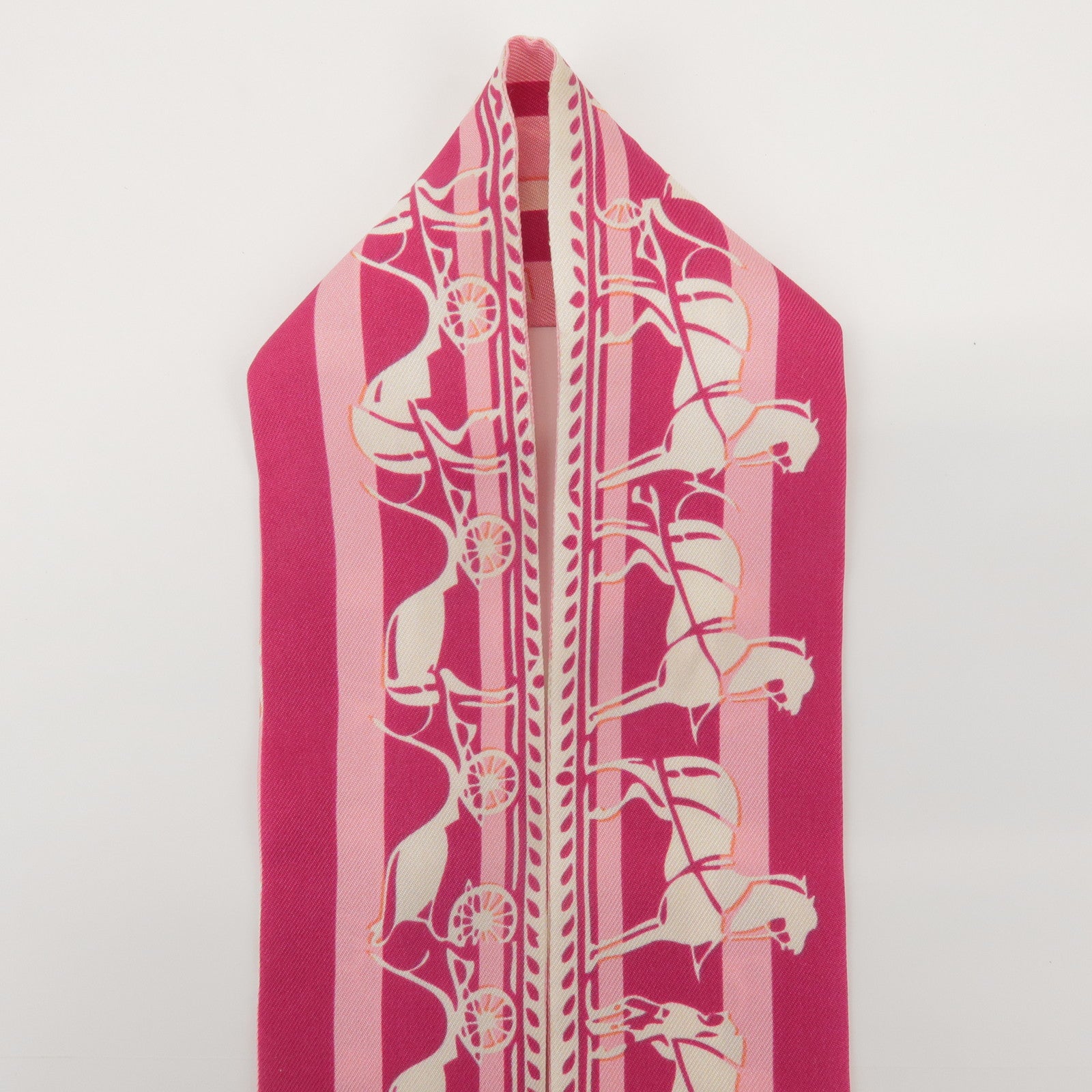 HERMES Twilly 100% Silk Scarf GINZA Logo Motif Pink White