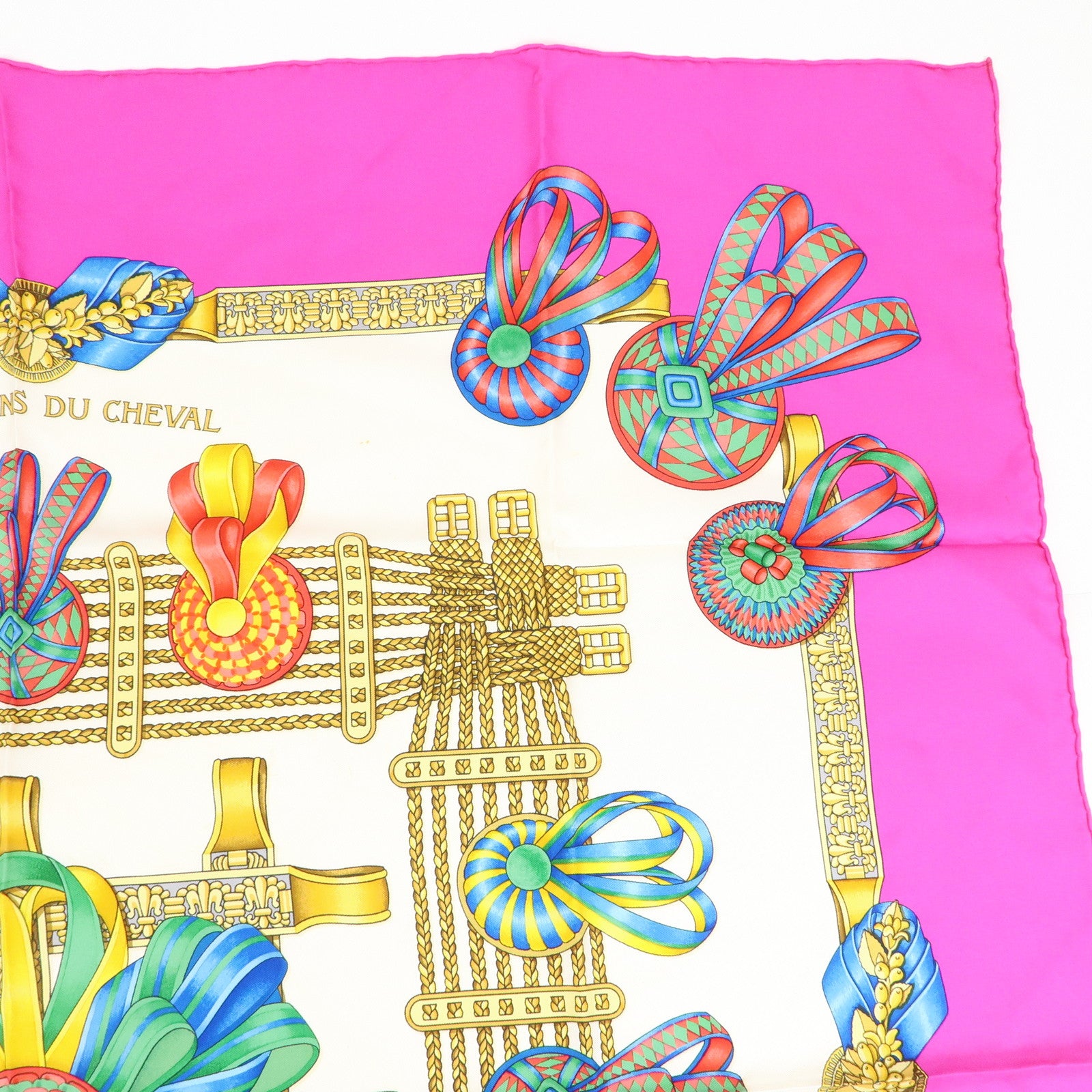 HERMES Carre 90 Silk 100% Scarf LES RUBANS DU CHEVAL Pink White