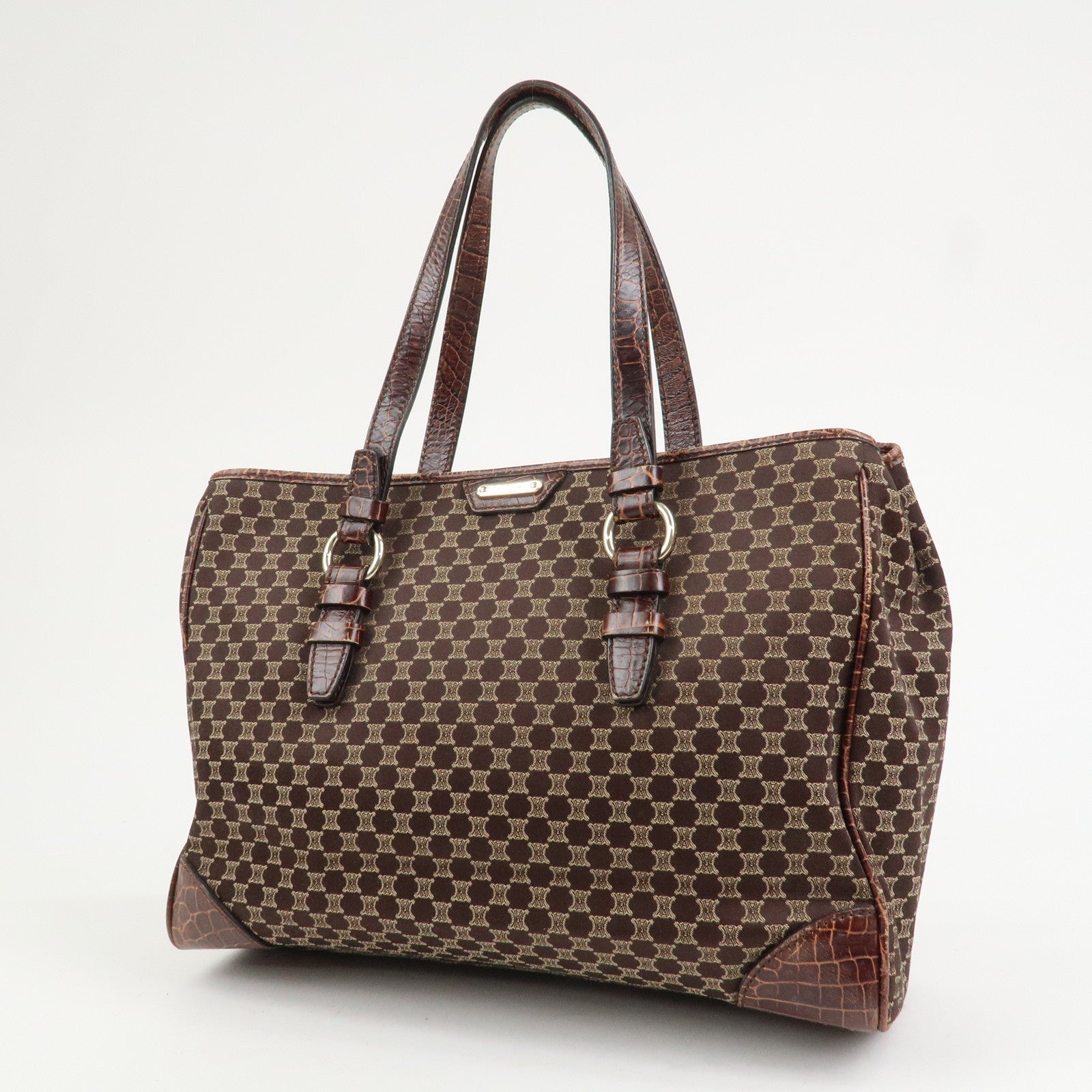CELINE Macadam Canvas Embossed Leather Tote Bag Shoulder Bag Brown