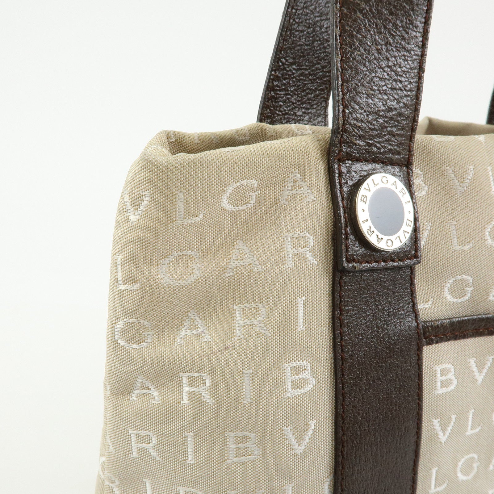 BVLGARI Logo Mania Canvas Leather Tote Bag Hand Bag Beige Brown