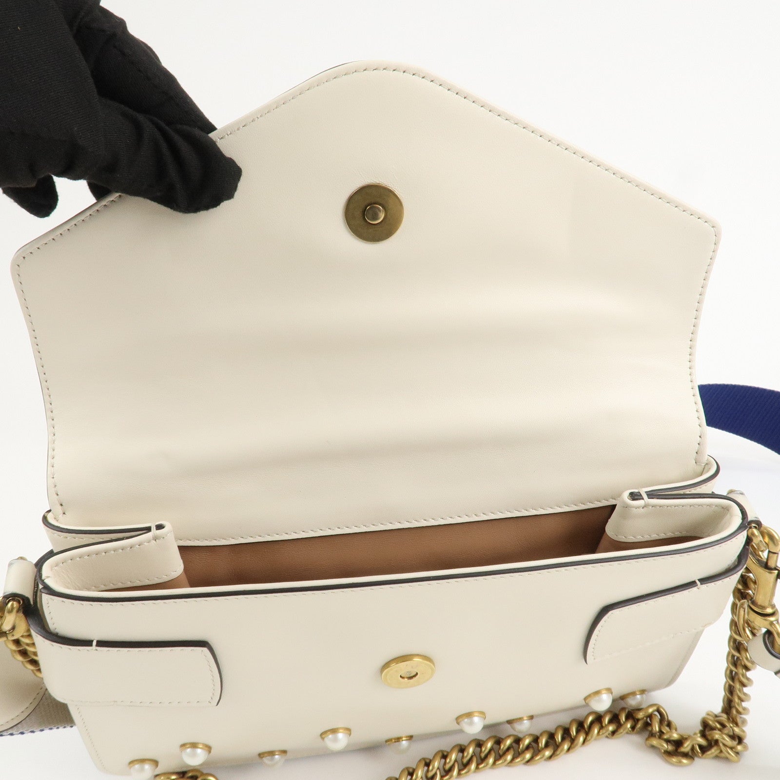 GUCCI  Broad Eye Leather Chain Shoulder Bag Ivory 453778