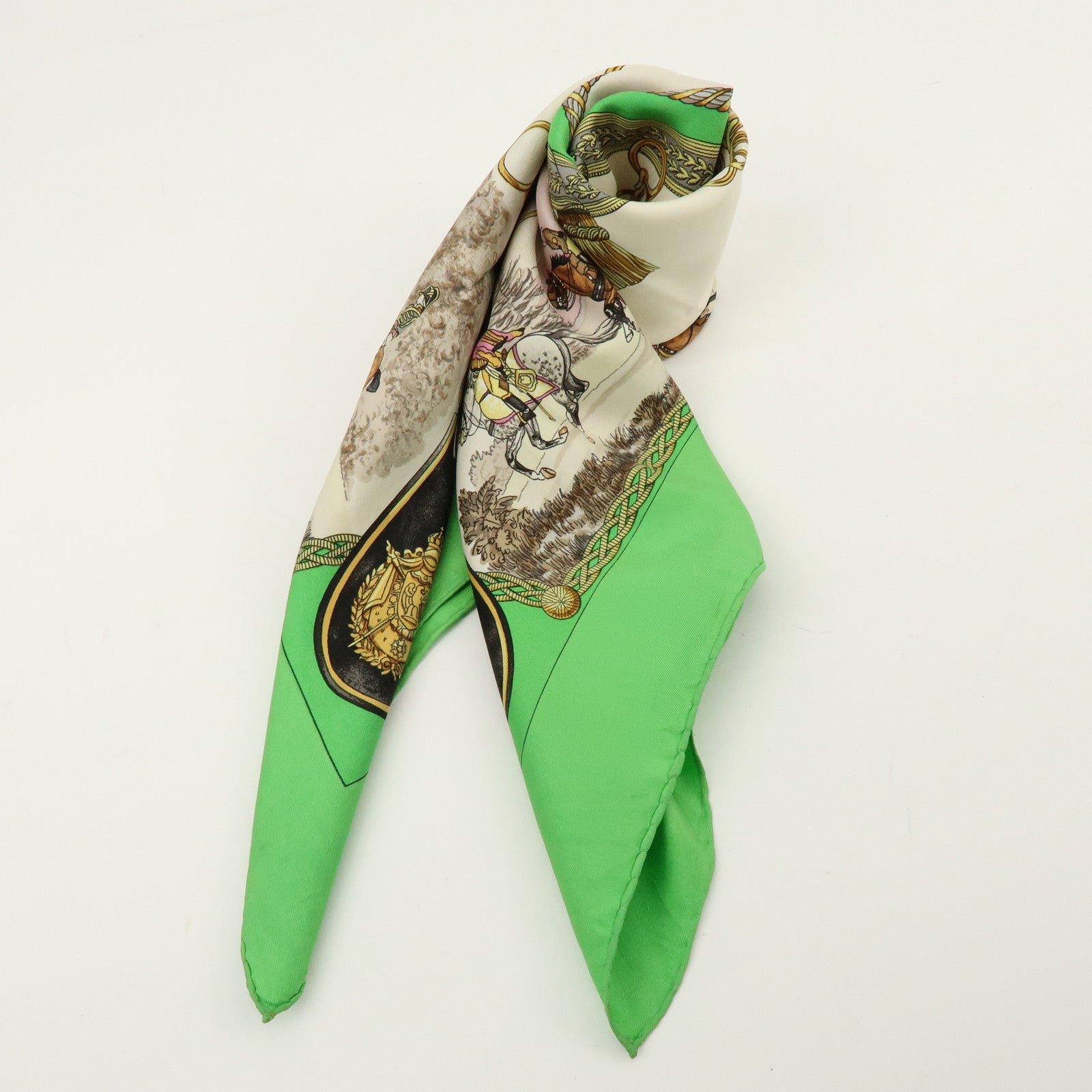 HERMES Carre 90 Silk 100% Scarf GRANDS ATTELAGES Green Pink Gold
