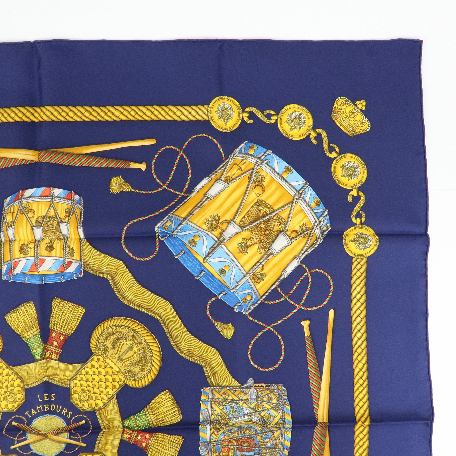 HERMES Carre 90 Silk 100% Scarf  LES TAMBOURS Navy Gold