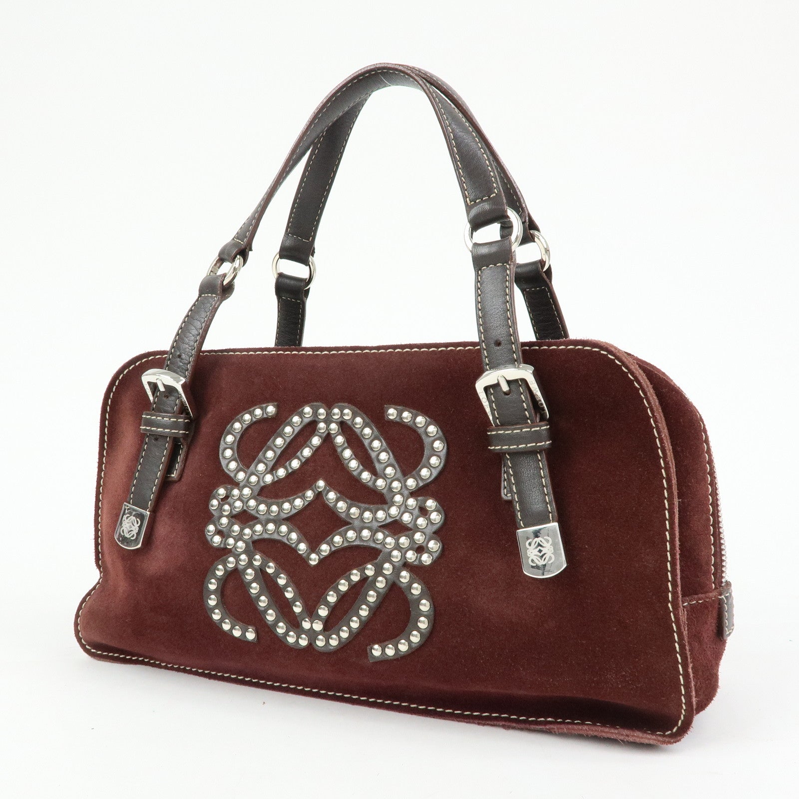 LOEWE Anagram Suede Leather Studs Hand Bag Bordeaux