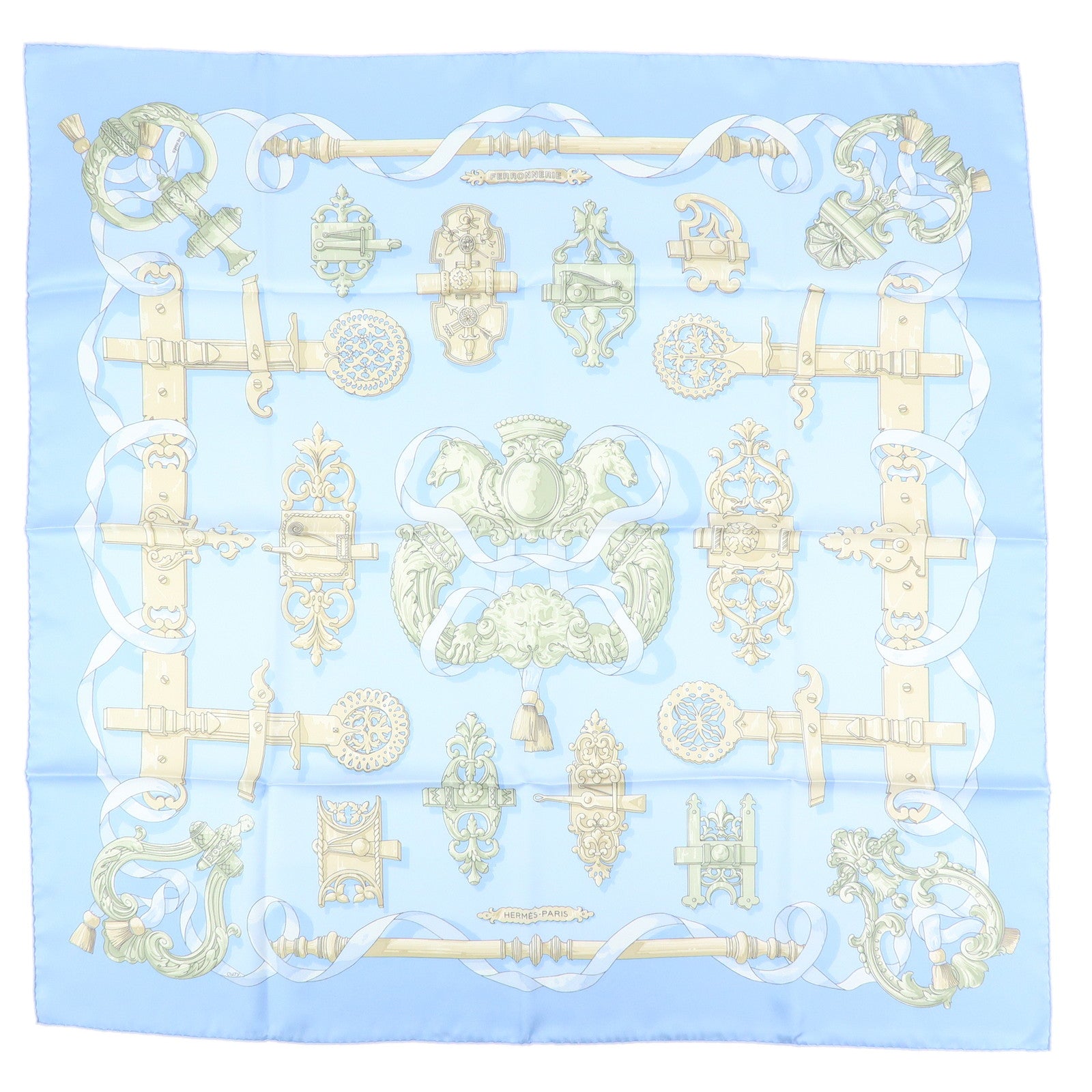 HERMES Carre 90 Silk 100% Scarf Ferronnerie Light Blue
