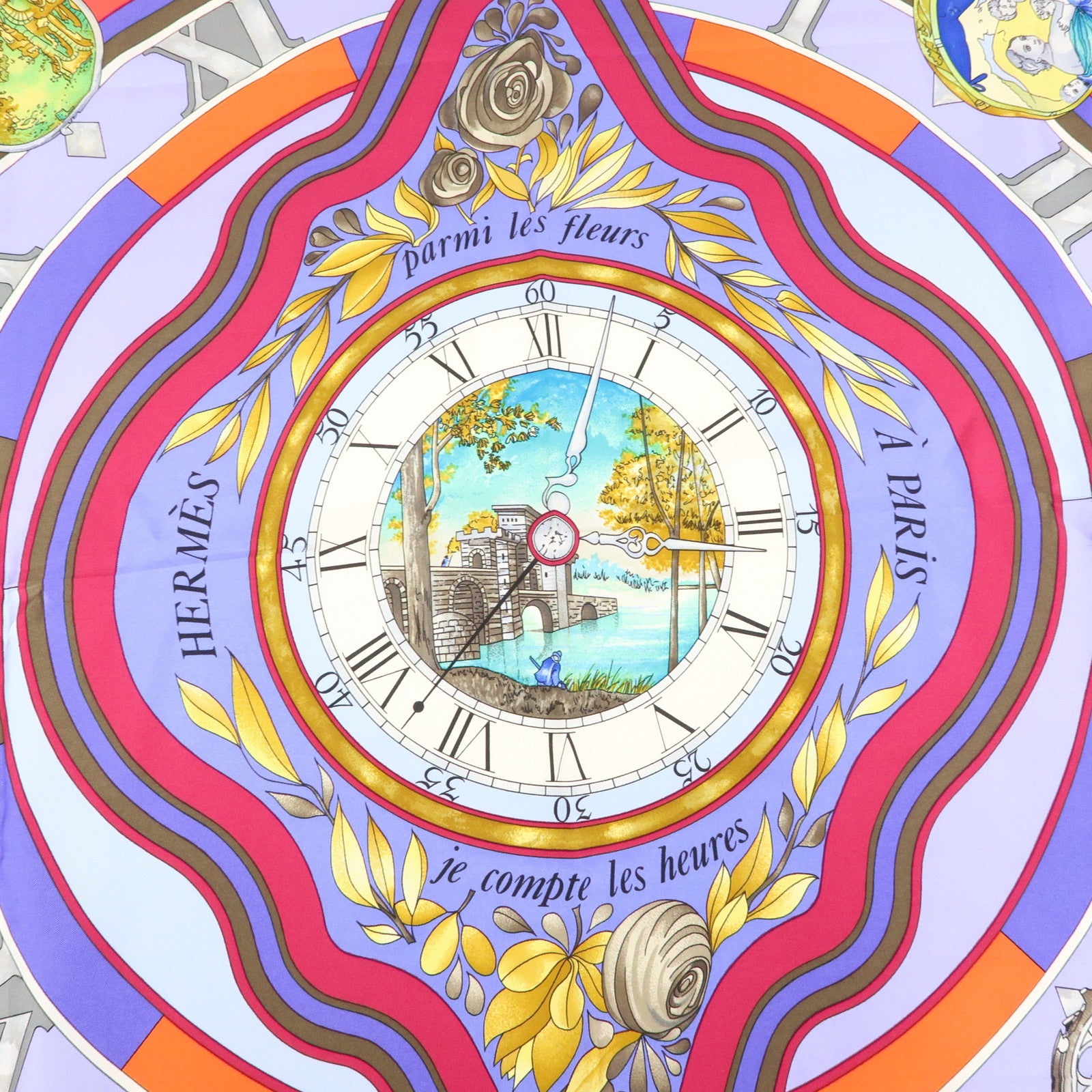 HERMES Carre90 Silk100% Scarf Parmi les fleurs je compte les heures