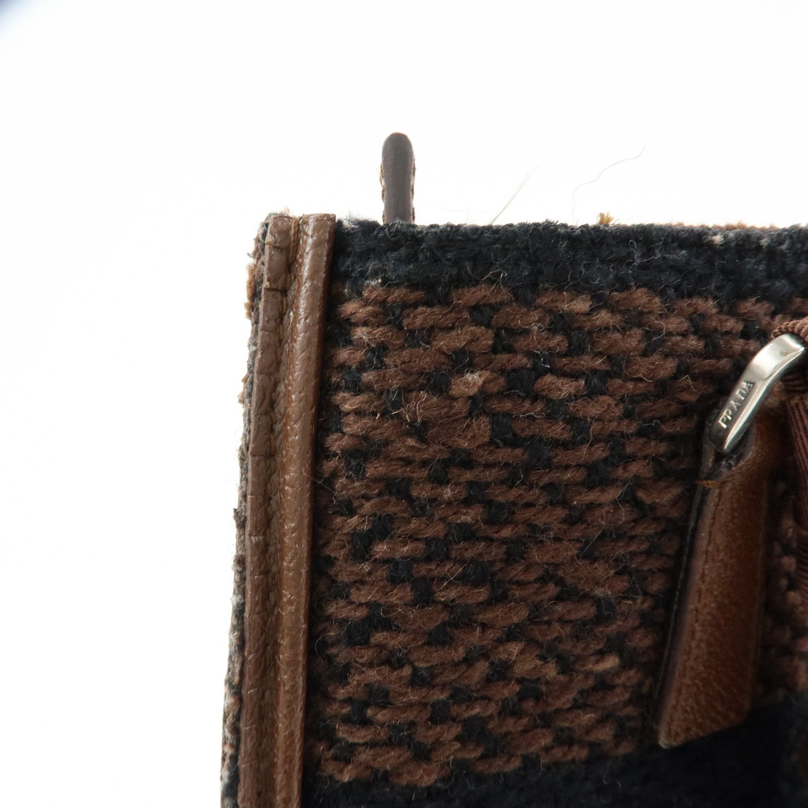 PRADA Triangle Logo Tweed Canvas Hand Bag Brown Black B11268