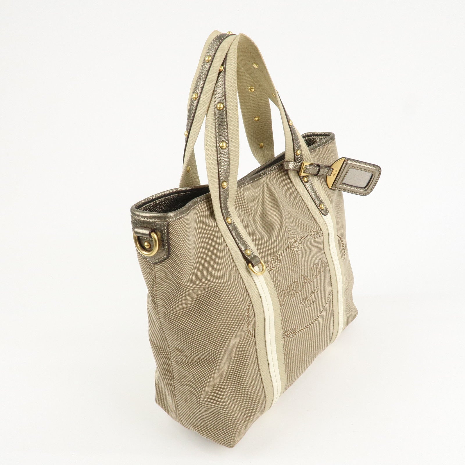 PRADA Nylon Jacquard 2Way Tote Shoulder Bag Beige BN1452 Used