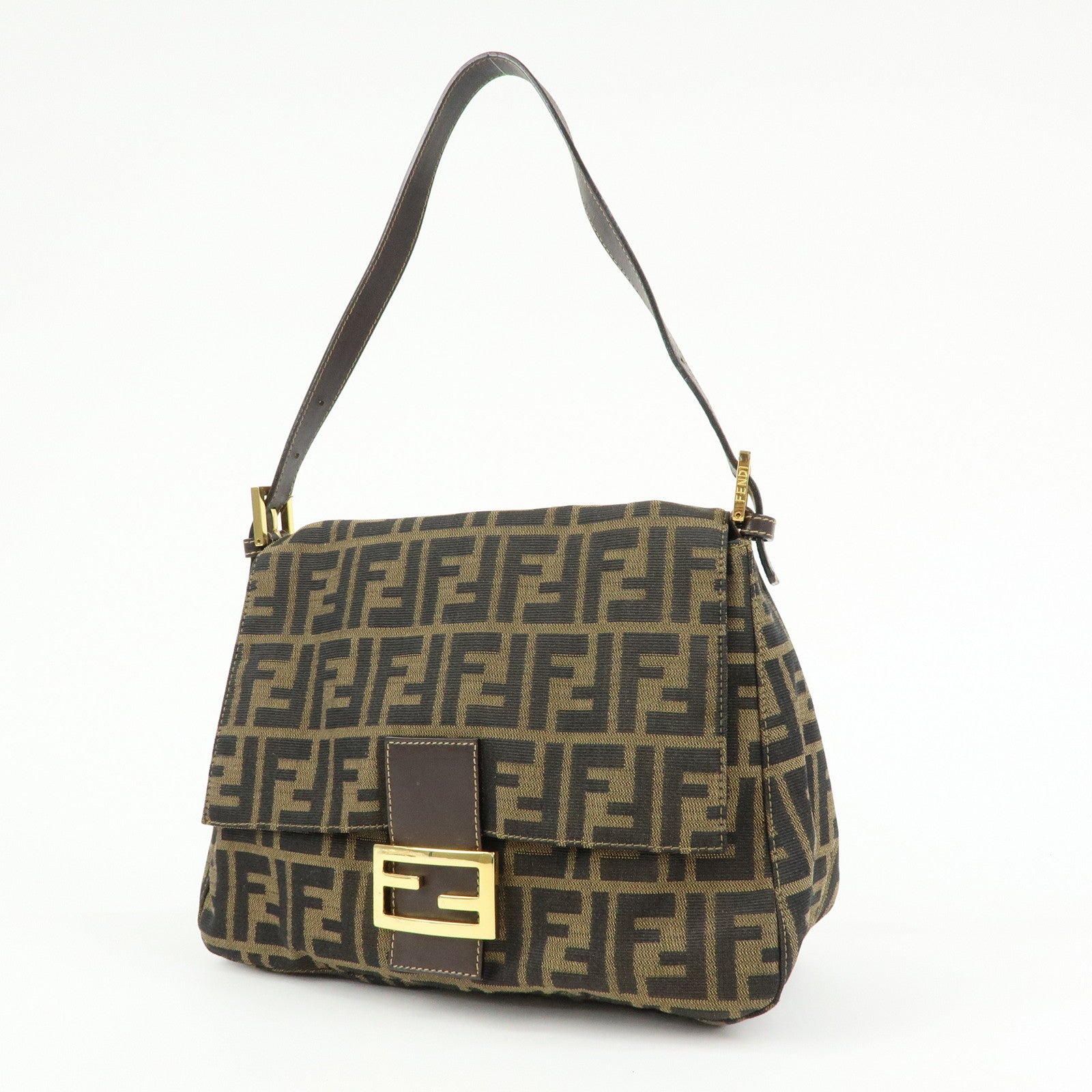 FENDI Mamma Baguette Zucca Canvas Leather Shoulder Bag Brown 26325
