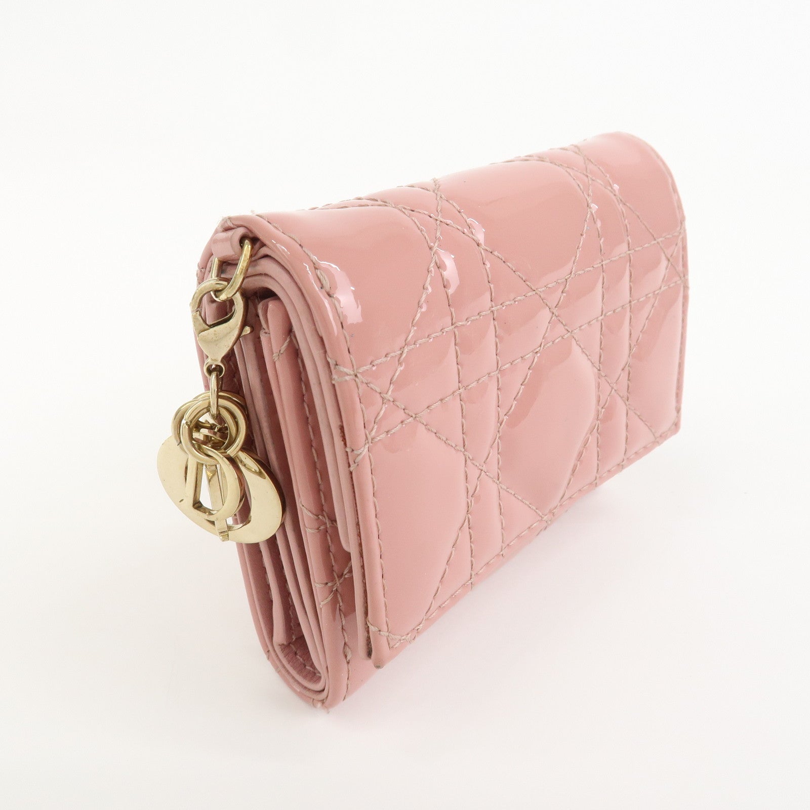 Christian Dior Canage Patent Leather Compact Wallet Pink
