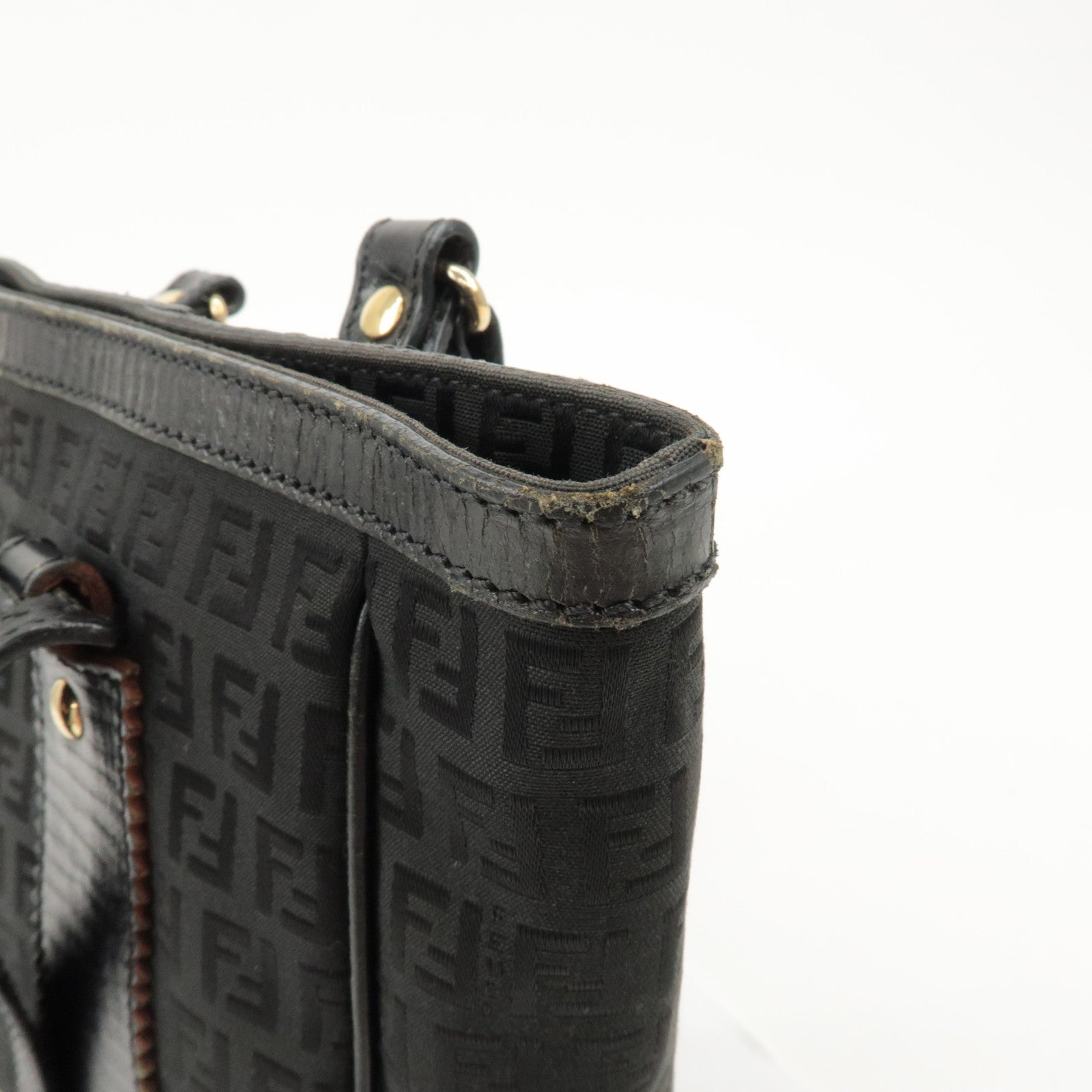 FENDI Zucchino Leather Canvas Tote Bag Hand Bag Black 8BH161 Used