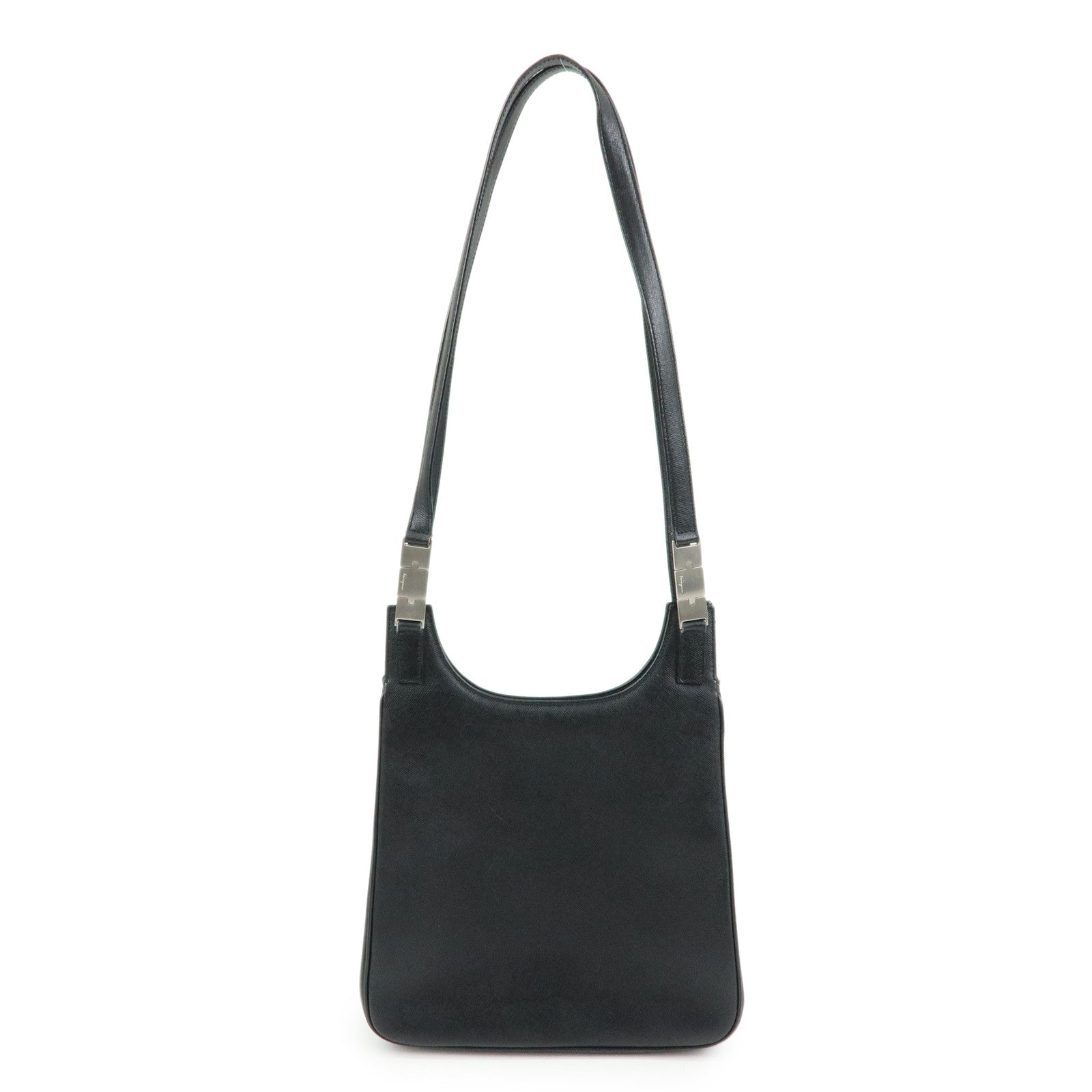 Ferragamo Logo Silver Buckle Leather Shoulder Bag Hand Bag Black