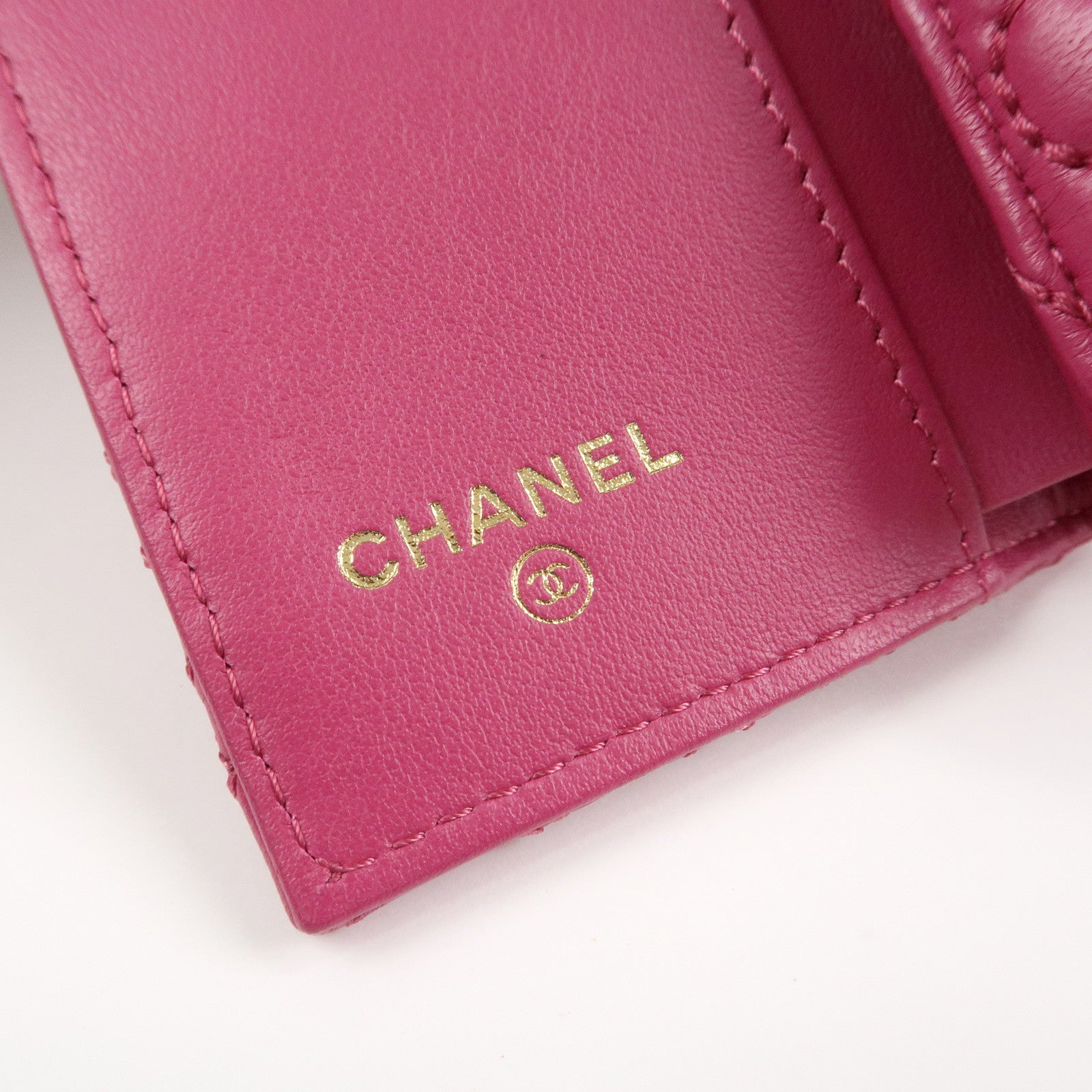 CHANEL COCO Mark Lamb Skin Tri-fold Compact Wallet Pink