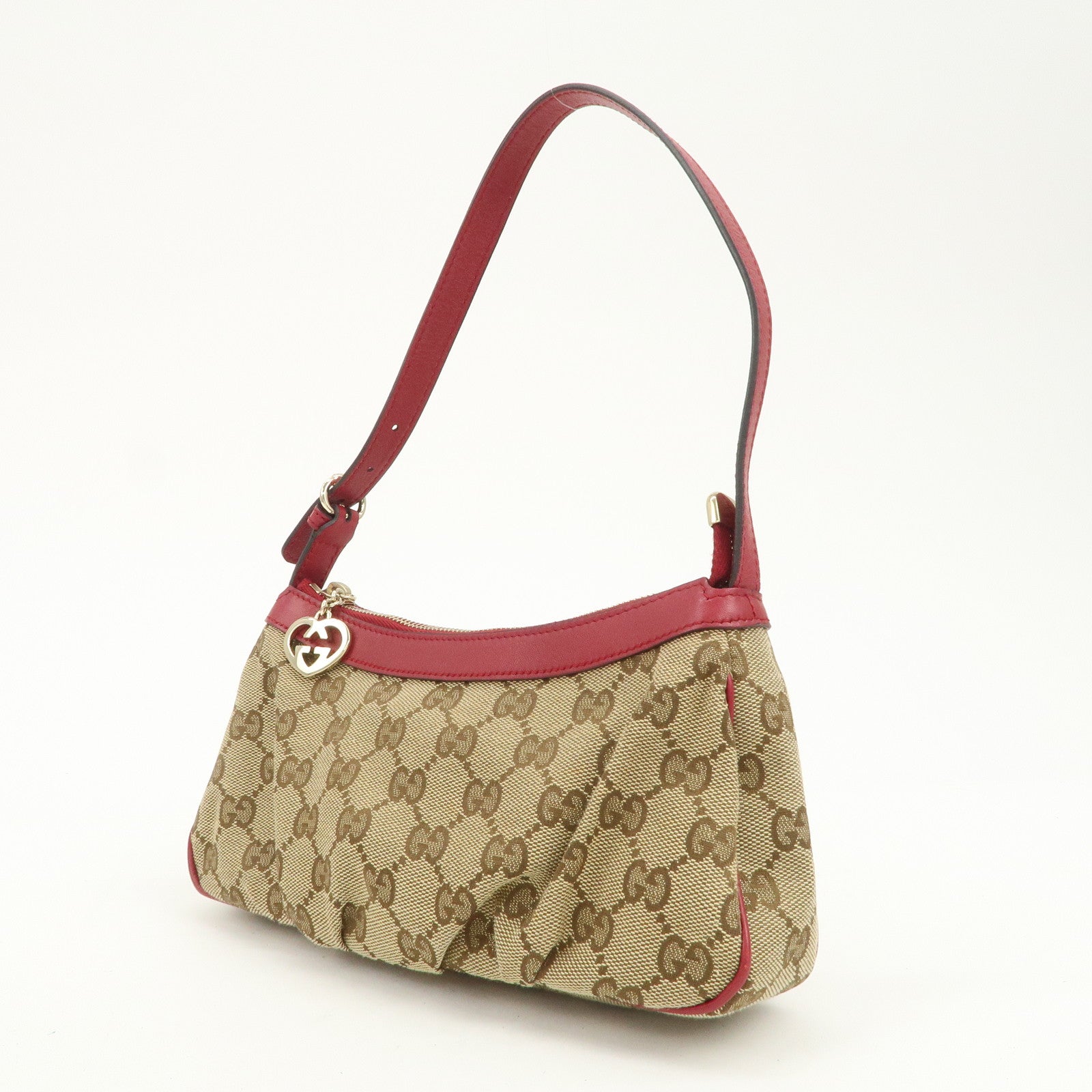 GUCCI Lovely Heart GG Monogram Canvas Leather Hand Bag Brown 245938