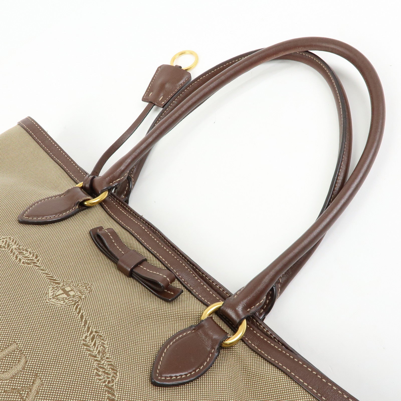 PRADA Triangle Logo Jacquard Leather Tote Bag Beige Brown 1BG158