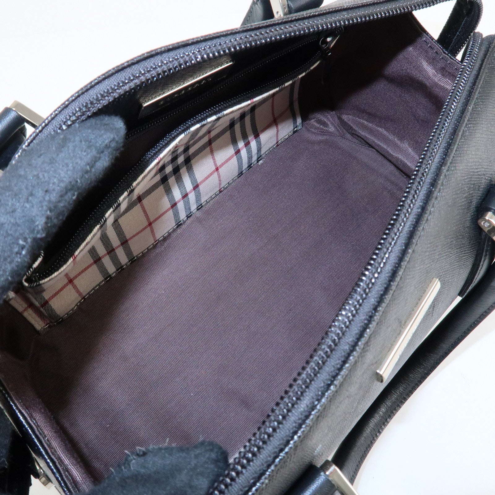 BURBERRY Leather Boston Bag Hand Bag Black Silver HDW Used