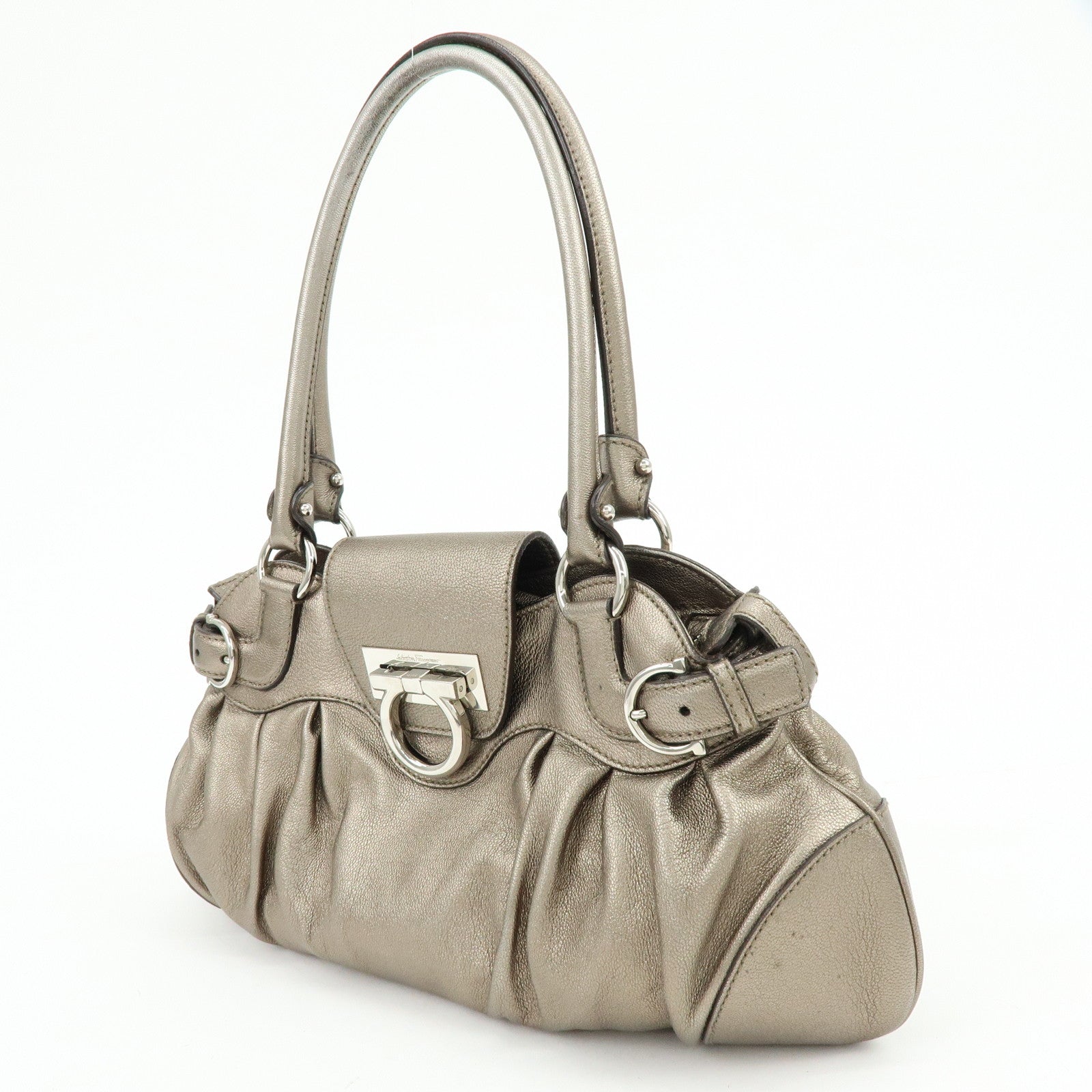 Ferragamo Gancini Leather Hand Bag Shoulder Bag Bronze